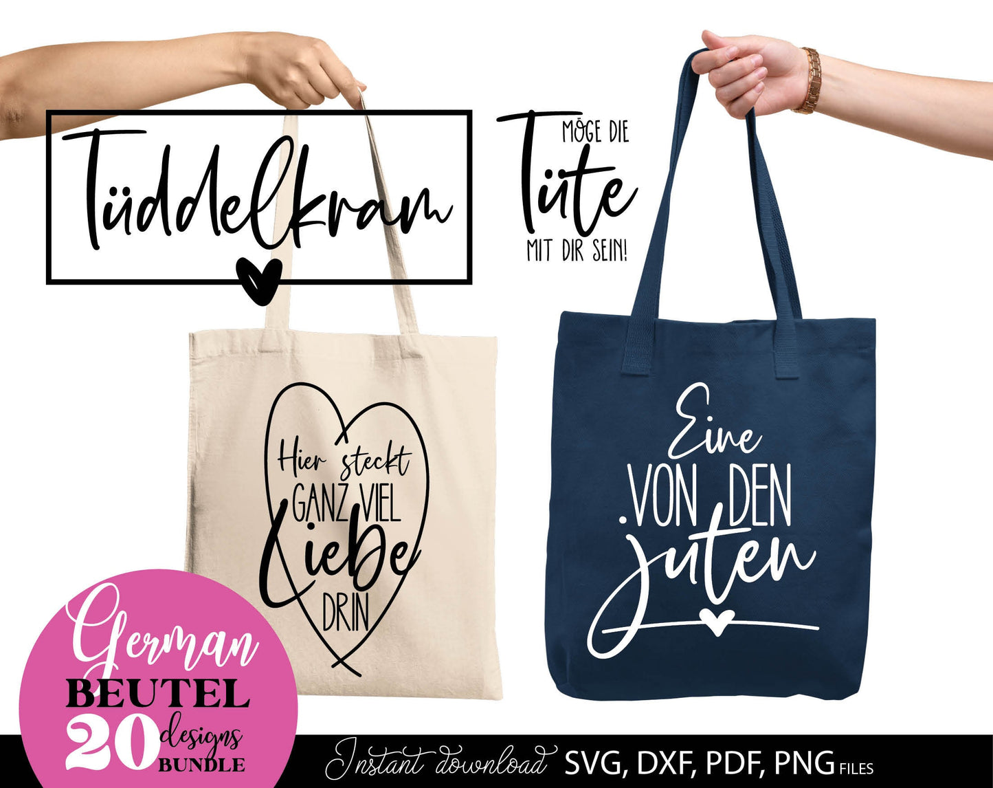 Deutsche Spruche fur Beutel Plotterdatei Taschenspruche Bundle. SVG DXF PDF PNG files included. Compatible with Cricut, Silhouette, sublimation printers and other equipment. Cut from vinyl, use for sublimation or laser cut or grave projects. Buy now!