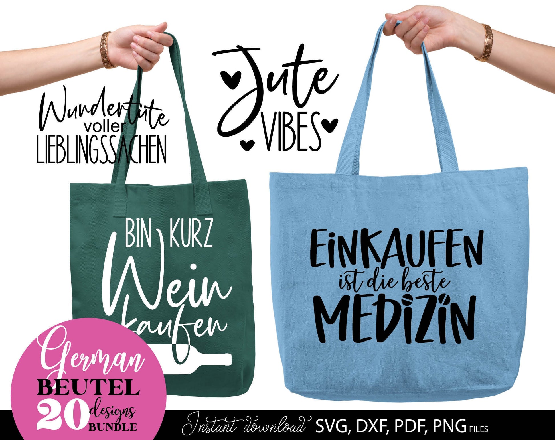 Deutsche Spruche fur Beutel Plotterdatei Taschenspruche Bundle. SVG DXF PDF PNG files included. Compatible with Cricut, Silhouette, sublimation printers and other equipment. Cut from vinyl, use for sublimation or laser cut or grave projects. Buy now!