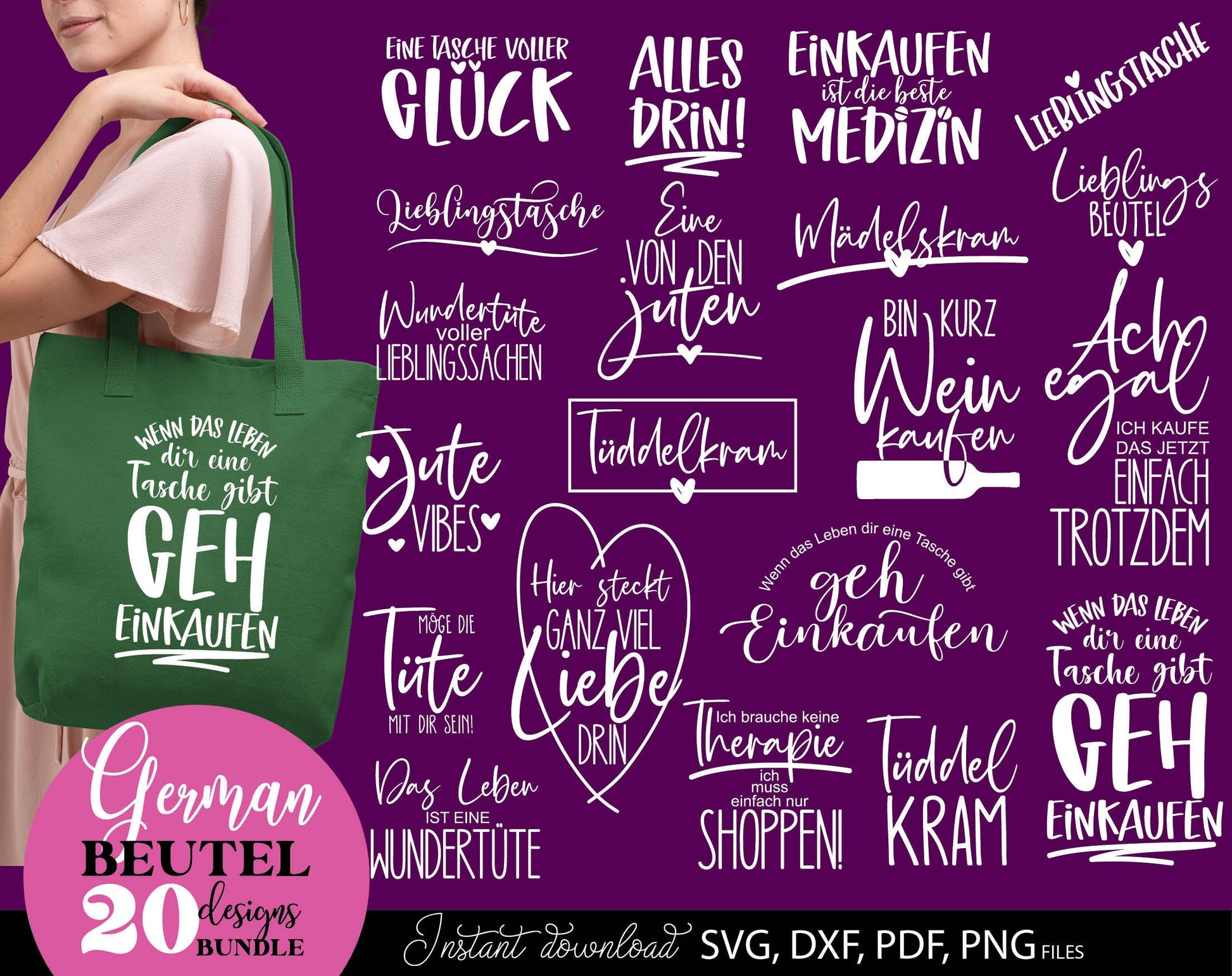 Deutsche Spruche fur Beutel Plotterdatei Taschenspruche Bundle. SVG DXF PDF PNG files included. Compatible with Cricut, Silhouette, sublimation printers and other equipment. Cut from vinyl, use for sublimation or laser cut or grave projects. Buy now!