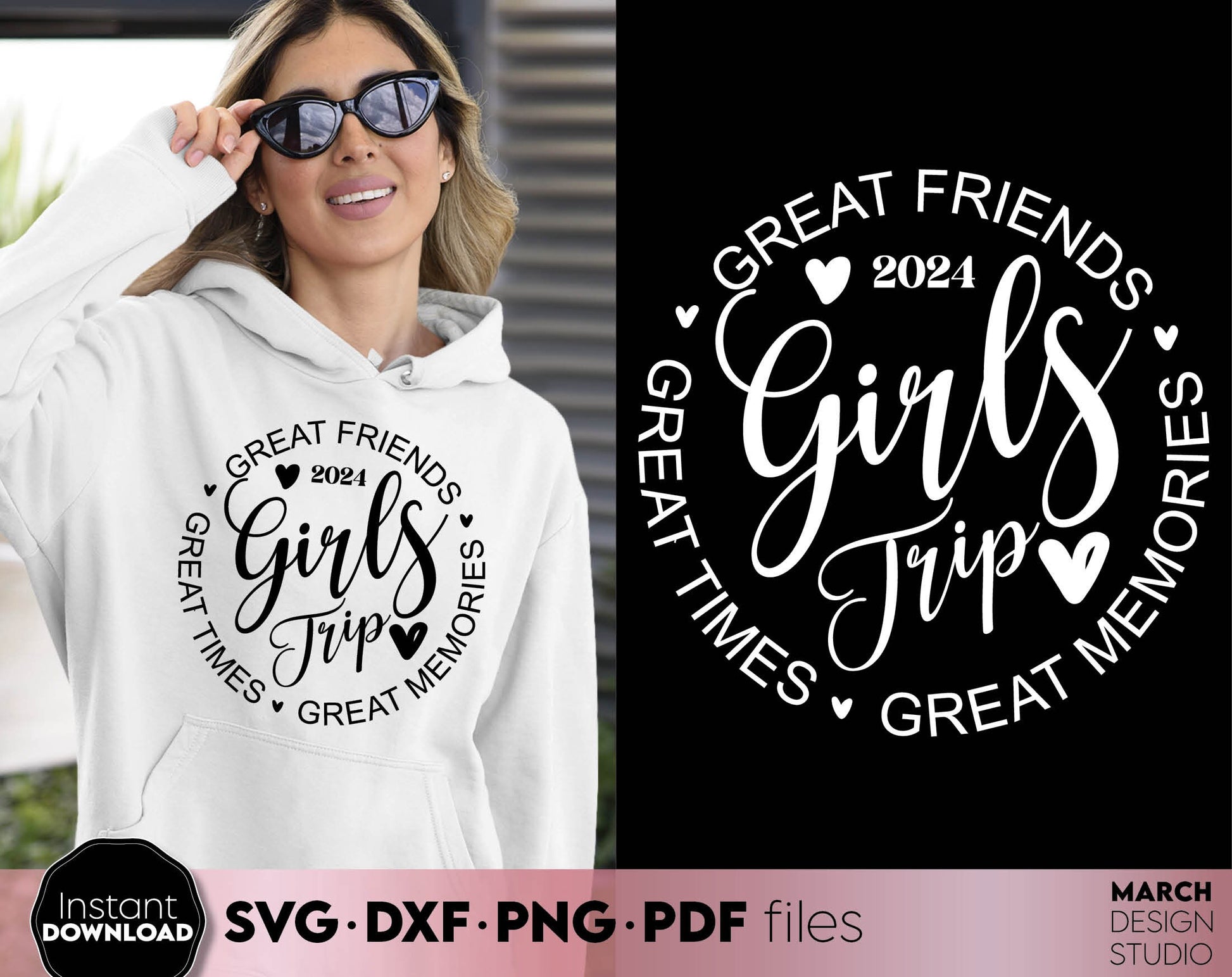 Great Friends Great Times Great Memories Girls Trip 2024 Matching Shirts design. SVG PNG DXF PDF files included. Compatible with Cricut, Silhouette or other equipment. Cut from vinyl, use for sublimation or laser cut/ grave projects. Buy now, enjoy!