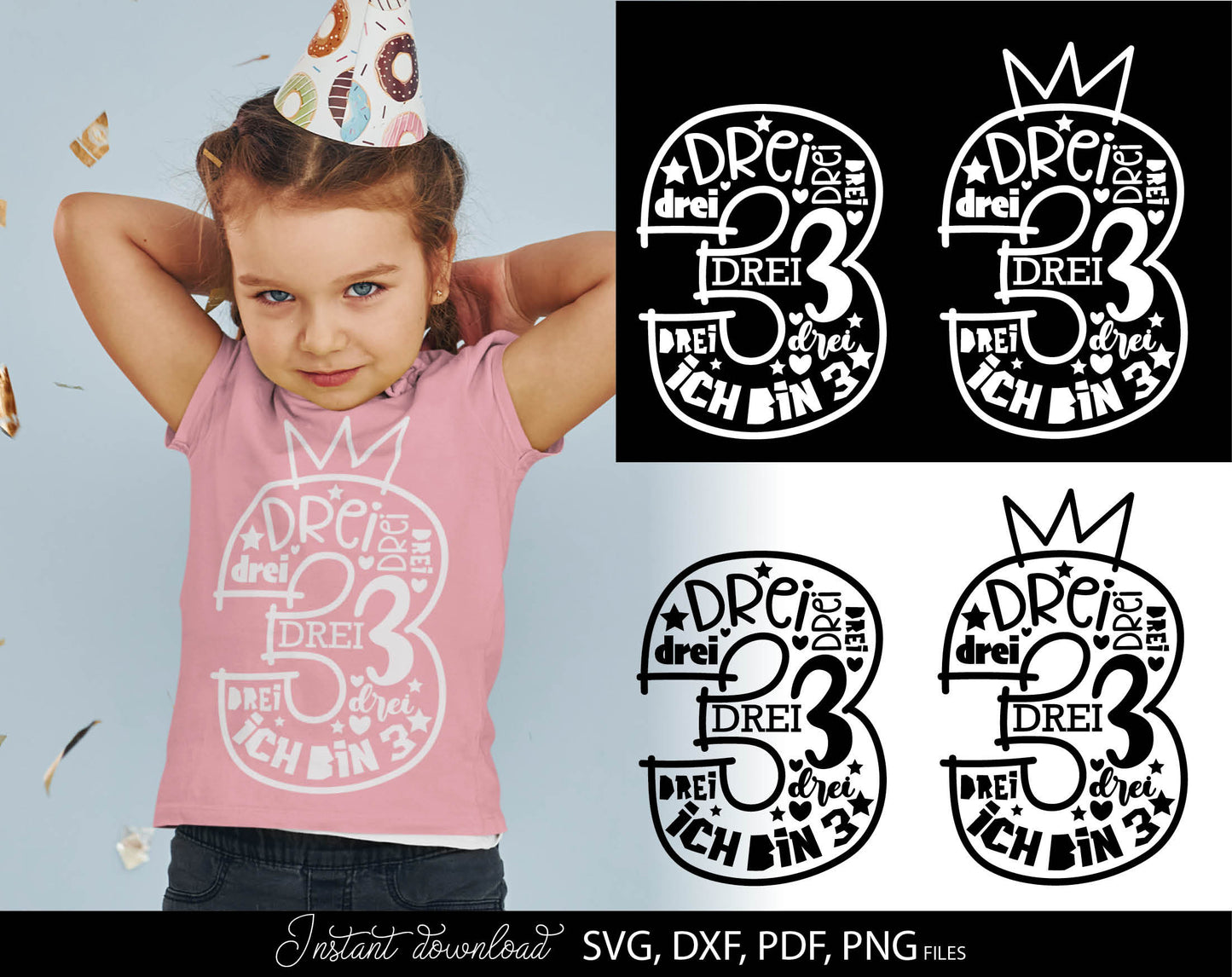 German Kind Der Dritte Geburtstag Number Plotter File Bundle Svg Png German kids Geburtstag number plotter file Geburtstagskind Drei Clipart. SVG DXF PDF PNG files included. Compatible with Cricut, Silhouette Studio or other equipment. Buy now, enjoy