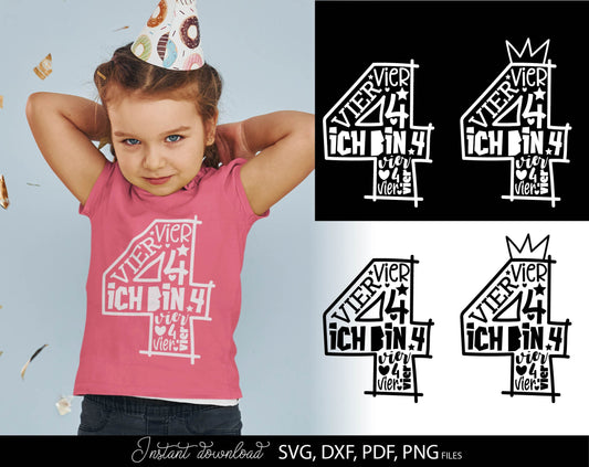 German Kind Vierter Geburtstag Number Vier Plotter File Svg Png kids Geburtstag number plotterdatei Geburtstagskind vier Jahre Clipart. SVG DXF PDF PNG files included. Compatible with Cricut, Silhouette Studio or other equipment. Buy now and enjoy!