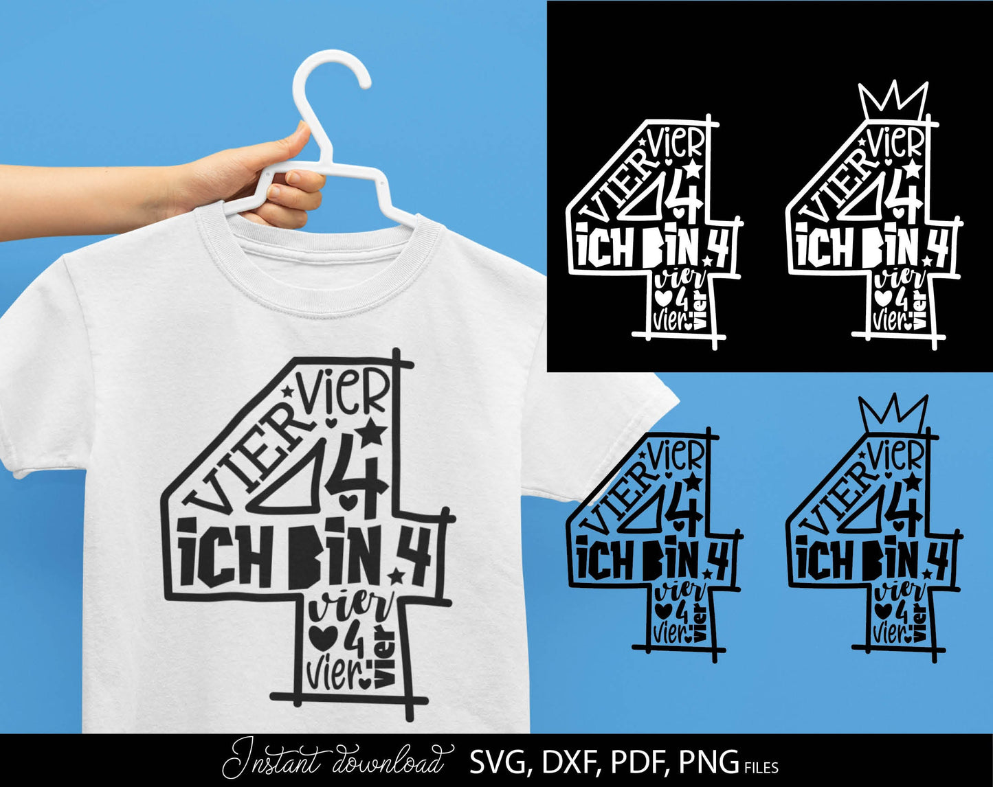 German Kind Vierter Geburtstag Number Vier Plotter File Svg Png kids Geburtstag number plotterdatei Geburtstagskind vier Jahre Clipart. SVG DXF PDF PNG files included. Compatible with Cricut, Silhouette Studio or other equipment. Buy now and enjoy!