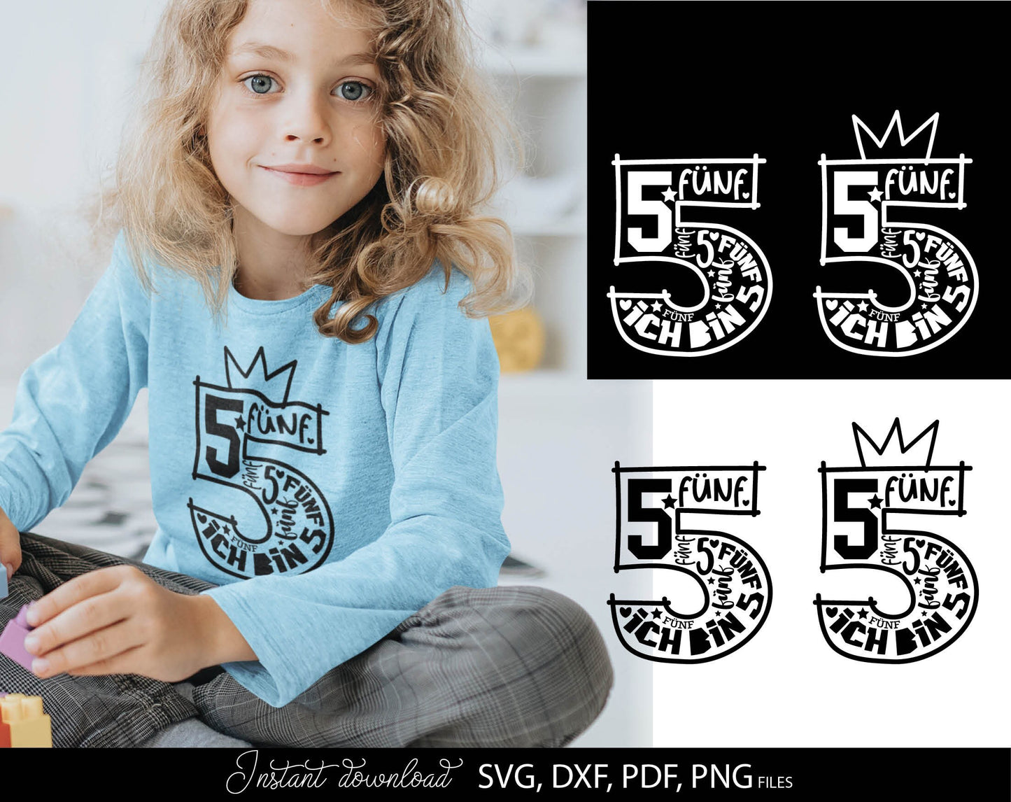 German Kind fünfter Geburtstag Number fünf Plotter File Bundle Svg Png German kids ein Geschenk number plotter file Geburtstagskind Clipart. SVG PNG DXF PDF files included. Compatible with Cricut, Silhouette studio or other equipment. Buy now!