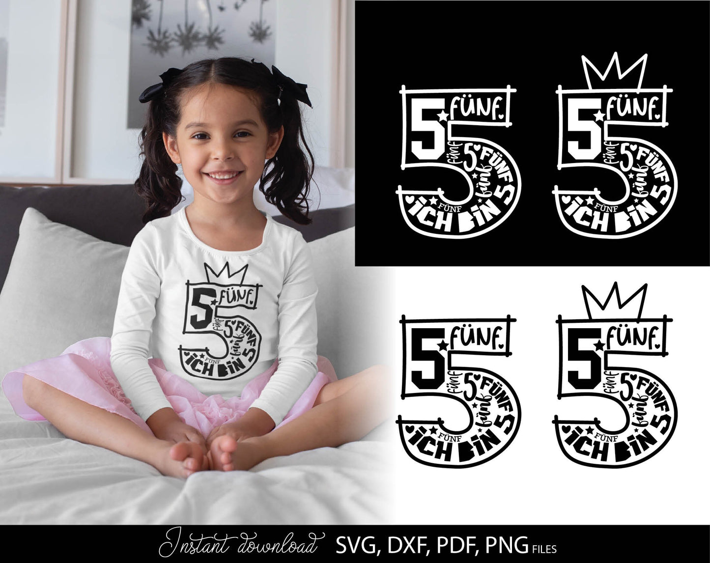 German Kind fünfter Geburtstag Number fünf Plotter File Bundle Svg Png German kids ein Geschenk number plotter file Geburtstagskind Clipart. SVG PNG DXF PDF files included. Compatible with Cricut, Silhouette studio or other equipment. Buy now!