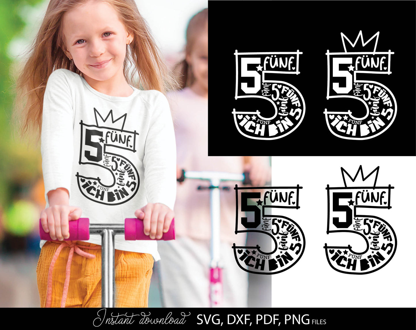 German Kind fünfter Geburtstag Number fünf Plotter File Bundle Svg Png German kids ein Geschenk number plotter file Geburtstagskind Clipart. SVG PNG DXF PDF files included. Compatible with Cricut, Silhouette studio or other equipment. Buy now!