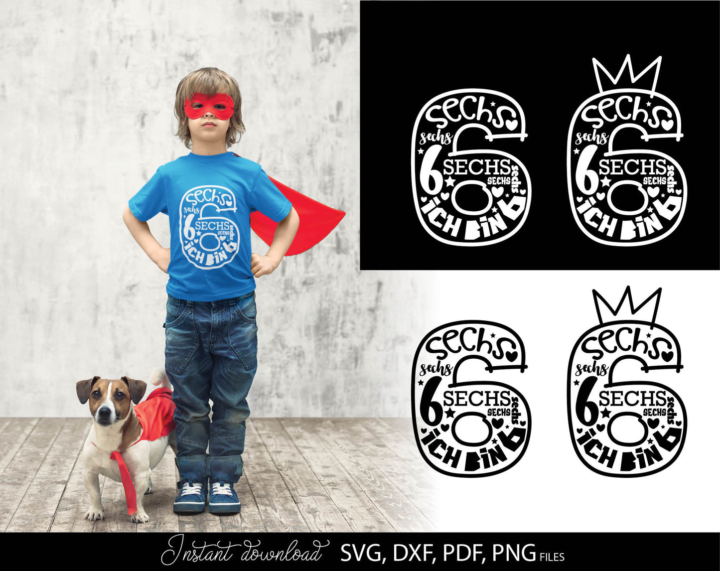 German Kind sechster Geburtstag Number sechs Plotter File Svg Png German kids ein Geschenk plotterdate Geburtstagskind ich bin sechs svg png. Compatible with Cricut, Silhouette Studio, sublimationprinters and other equipment. Buy now and enjoy!