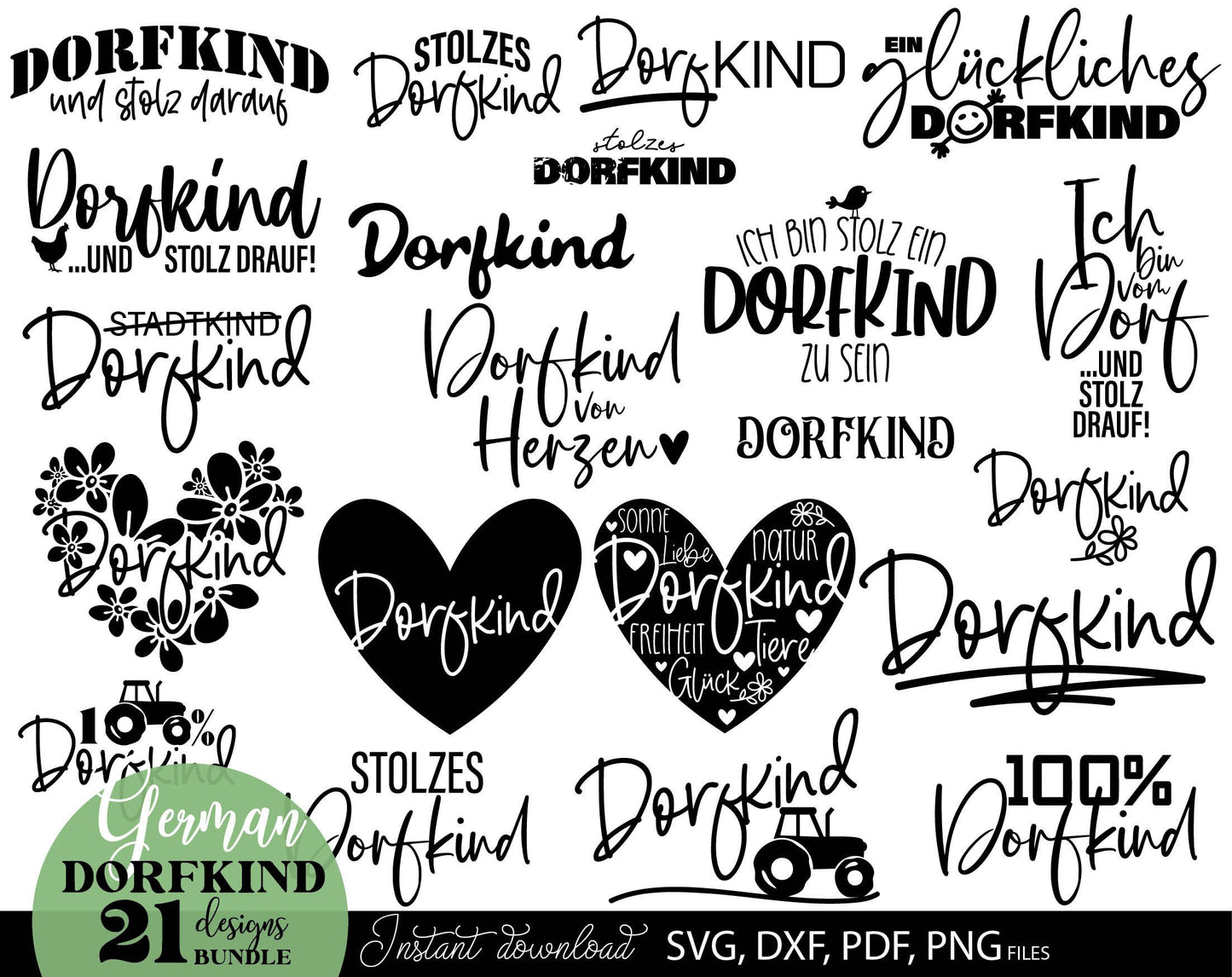 German Dorfkind Plotter file bundle. SVG DXF PDF PNG files included. Compatible with Cricut, Silhouette, sublimation printers or other equipment. Cut from vinyl, use for sublimation or laser cut or grave projects. Buy now for a good price and enjoy!