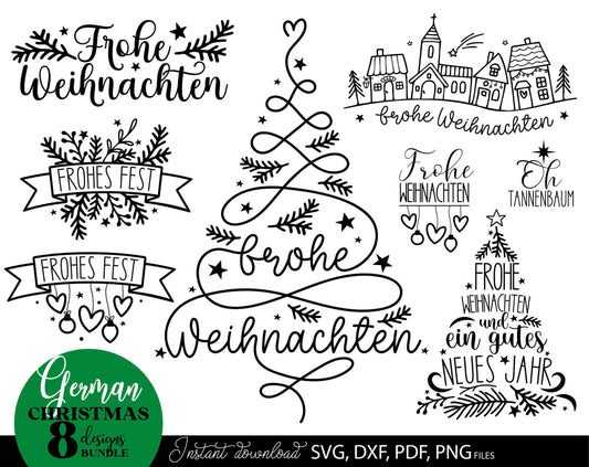 German Frohe Weihnachten plotter file svg png dxf designs bundle for You Christmas evening ornaments. Use for cutting from vinyl, sublimation or laser cut projects.
Buy now and enjoy!