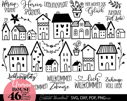 German zuhause willkommen plotter files bundle. SVG DXF PDF PNG files for included. Compatible with Cricut, Silhouette or other equipment. Cut from vinyl, use for sublimation or laser cut or grave projects as well. Buy now for a good price, enjoy