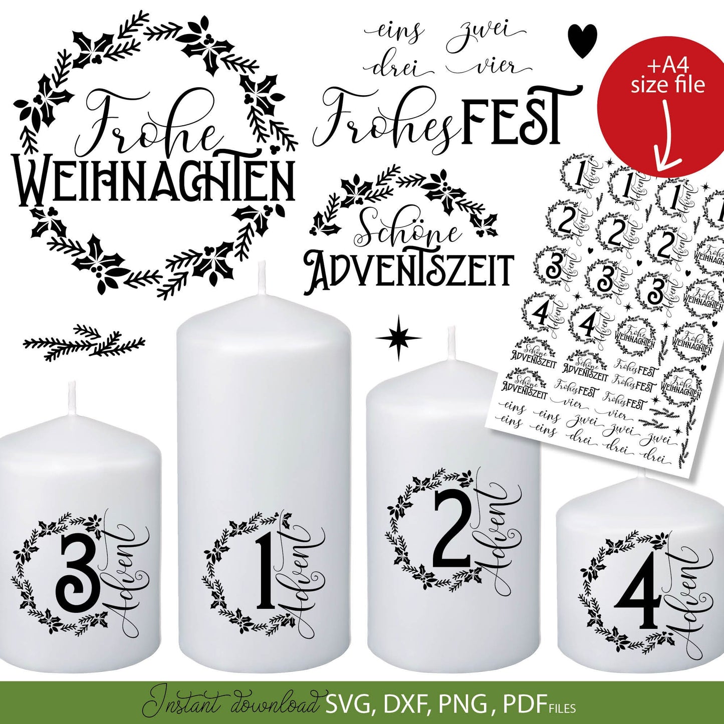 German Frohe Weihnachten candle tattoo pdf and plotter file svg png dxf designs bundle for You Christmas evening ornaments. Use for cutting from vinyl, sublimation or laser cut projects.
Buy now and enjoy!