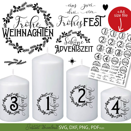 German Frohe Weihnachten candle tattoo pdf and plotter file svg png dxf designs bundle for You Christmas evening ornaments. Use for cutting from vinyl, sublimation or laser cut projects.
Buy now and enjoy!