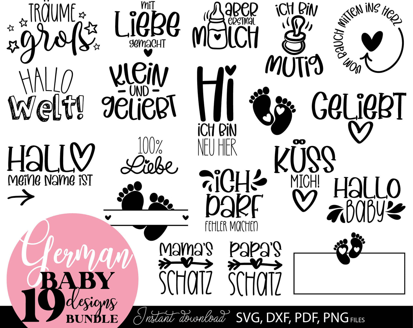 German Newborn Plotter file bundle. SVG DXF PDF PNG files included. Compatible with Cricut, Silhouette, sublimation printers or other equipment. Cut from vinyl, use for sublimation or laser cut or grave projects. Buy now for a good price and enjoy!