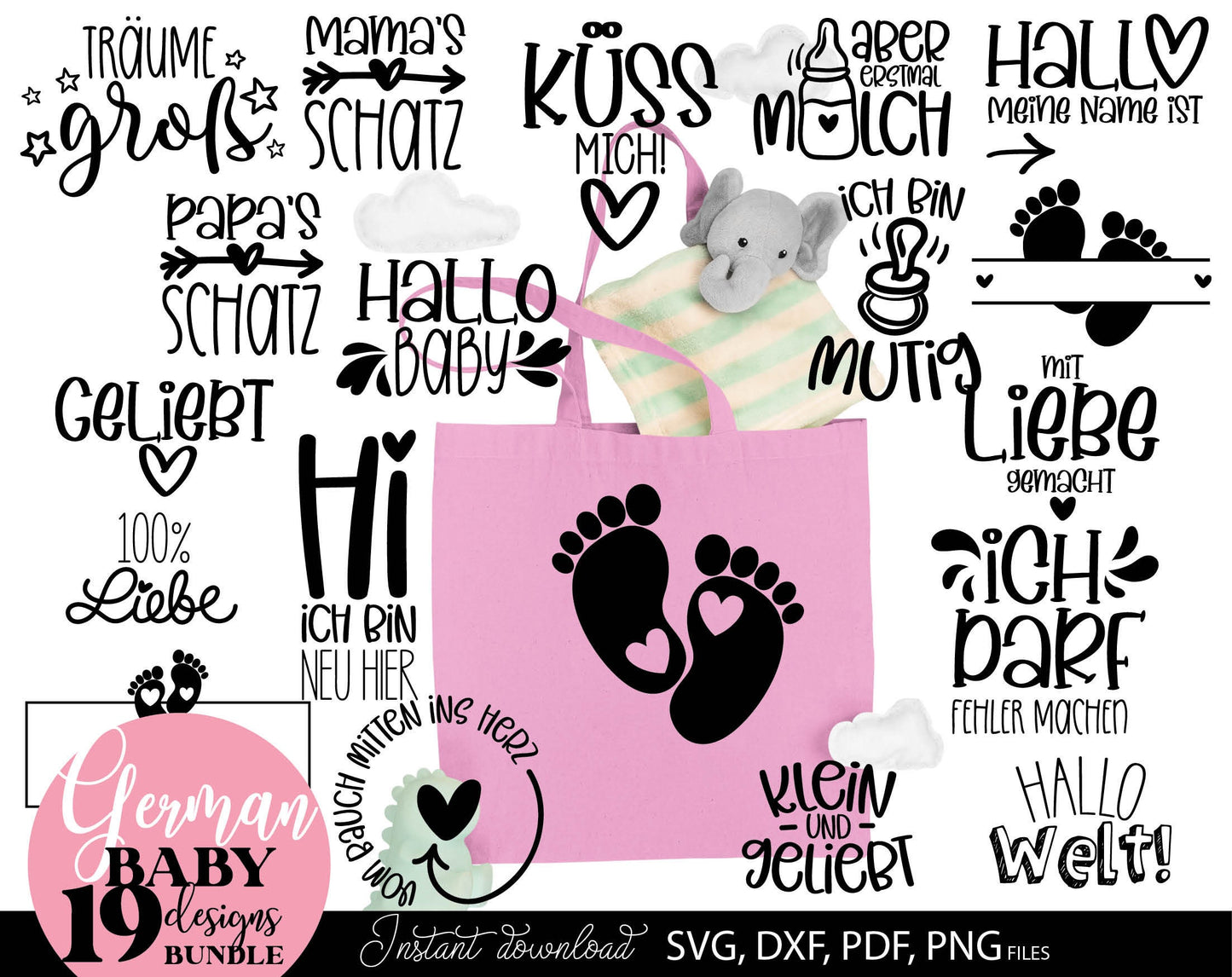 German Newborn Plotter file bundle. SVG DXF PDF PNG files included. Compatible with Cricut, Silhouette, sublimation printers or other equipment. Cut from vinyl, use for sublimation or laser cut or grave projects. Buy now for a good price and enjoy!