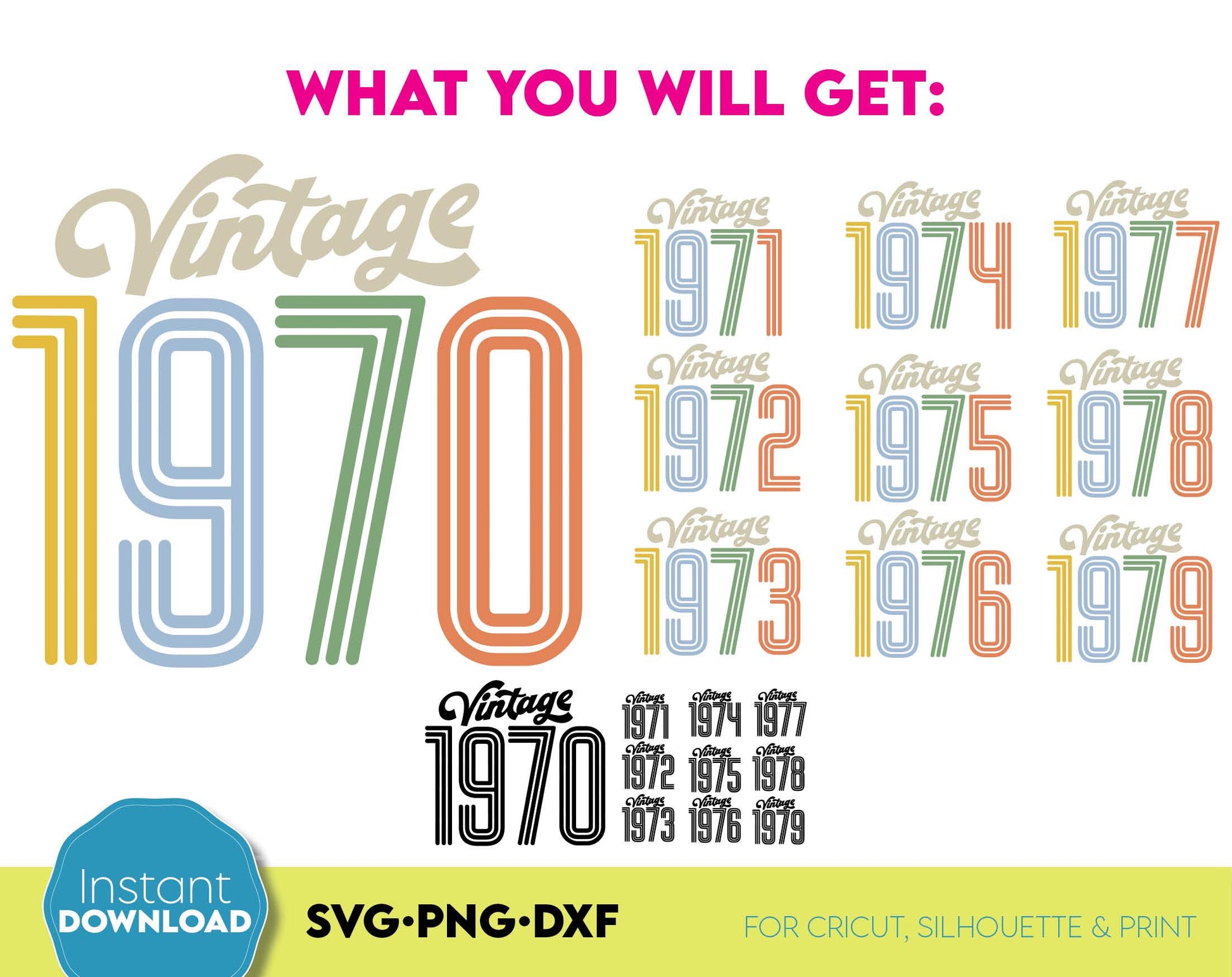 These Vintage 1970 - 1979 Birthday Shirts Bundle file design, and I hope you can use them to surprise and delight your loved ones on an important event in life. Retro Birthday Shirt SVG is a great and thoughtful gift for a Birthday party.