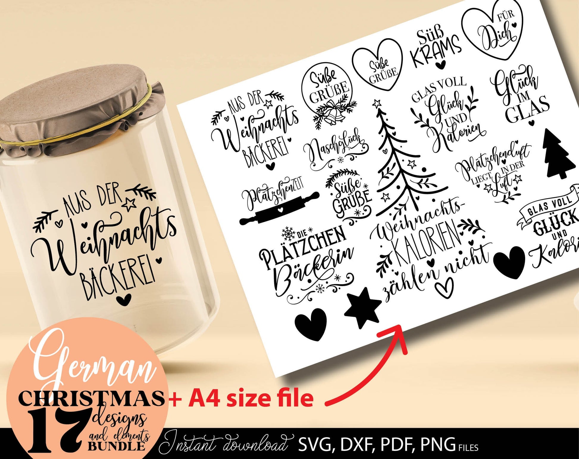 Deutsche Plotterdatei backen Weihnachten svg Bundle. SVG DXF PDF PNG files included. Compatible with Cricut, Silhouette. Use for sublimation or laser cut or grave projects. Buy now for a good price and enjoy!