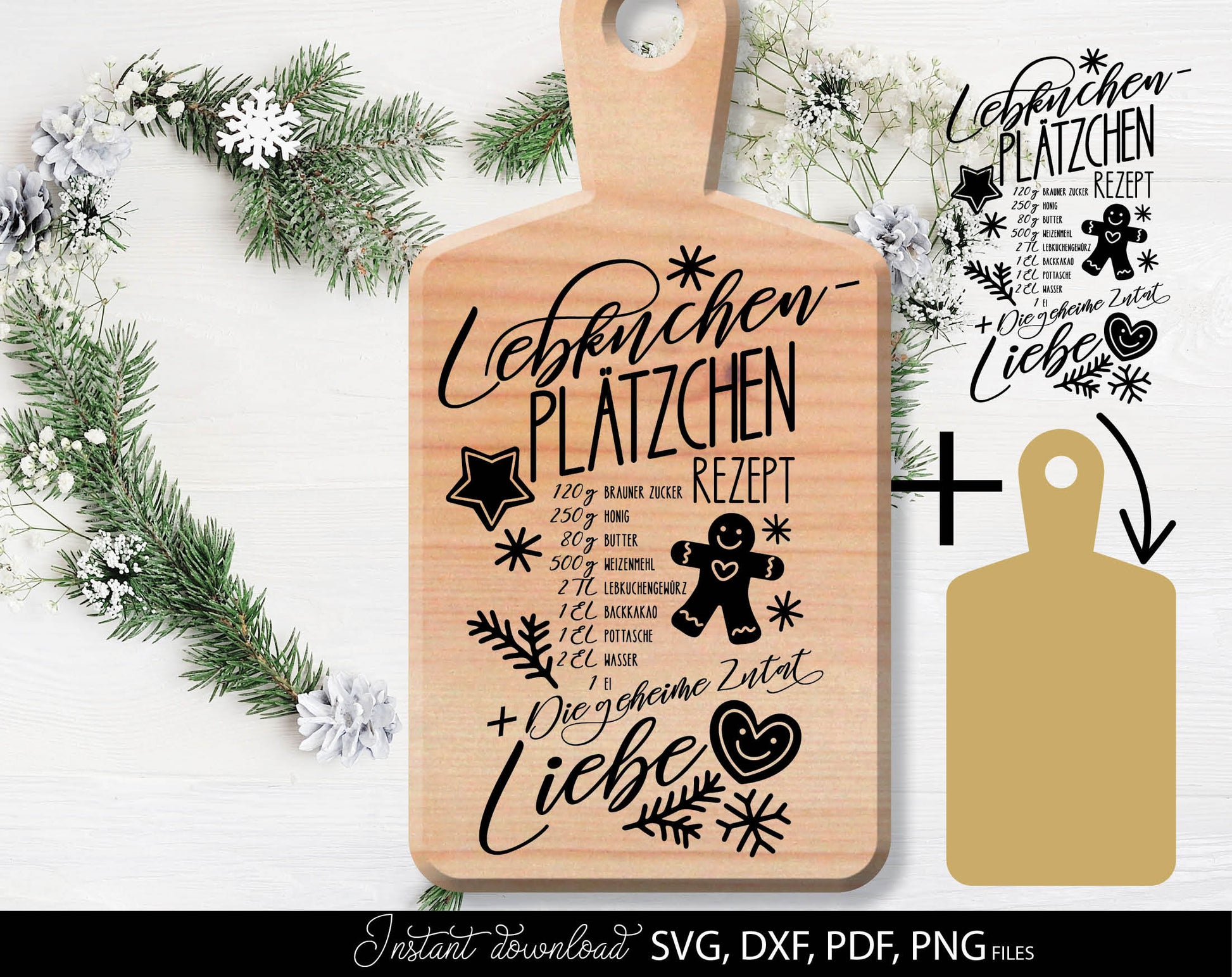 Lebkuchen Plätzchen rezept plotterdatei Weihnachtsbäckerei. SVG DXF PDF PNG files included Compatible with Cricut, Silhouette, sublimation printers or other. Cut from vinyl use for sublimation or laser cut or grave projects. Buy now for a good price!