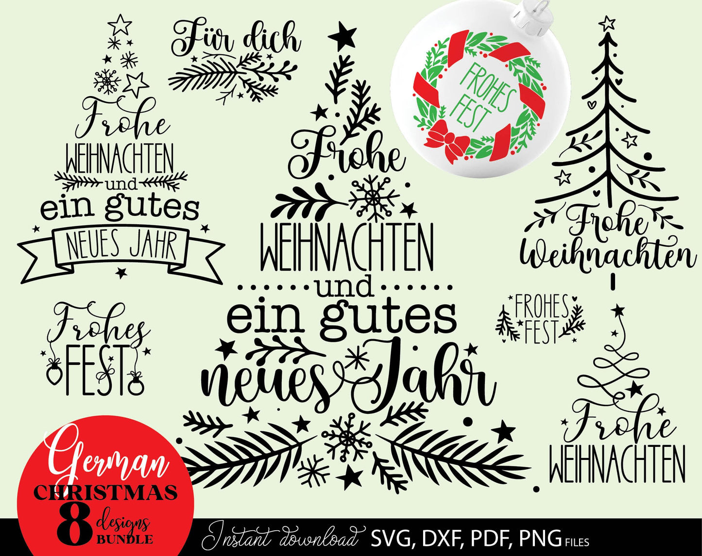 German Frohe Weihnachten plotter file svg png dxf designs bundle for You Christmas evening ornaments. Use for cutting from vinyl, sublimation or laser cut projects.
Buy now and enjoy!