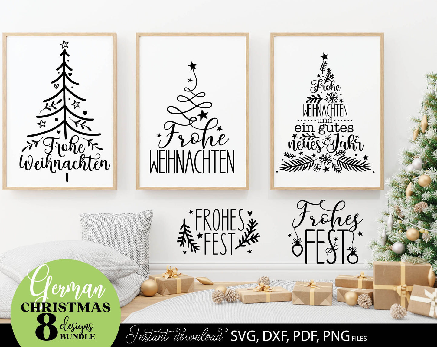 German Frohe Weihnachten plotter file svg png dxf designs bundle for You Christmas evening ornaments. Use for cutting from vinyl, sublimation or laser cut projects.
Buy now and enjoy!