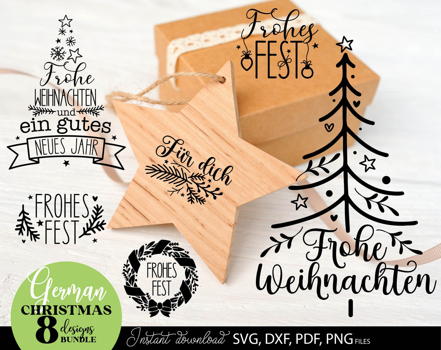 German Frohe Weihnachten plotter file svg png dxf designs bundle for You Christmas evening ornaments. Use for cutting from vinyl, sublimation or laser cut projects.
Buy now and enjoy!