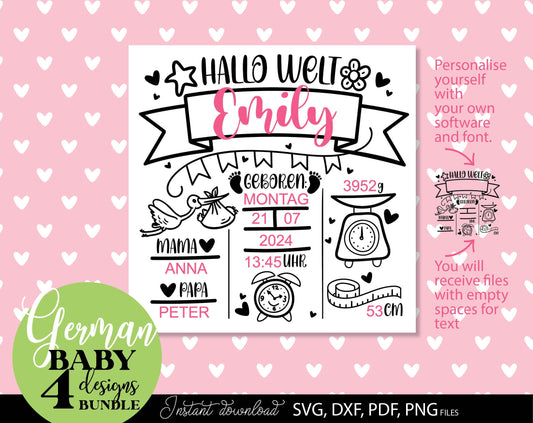 German Newborn Plotter file bundle. SVG DXF PDF PNG files included. Compatible with Cricut, Silhouette, sublimation printers or other equipment. Cut from vinyl, use for sublimation or laser cut or grave projects. Buy now for a good price and enjoy!