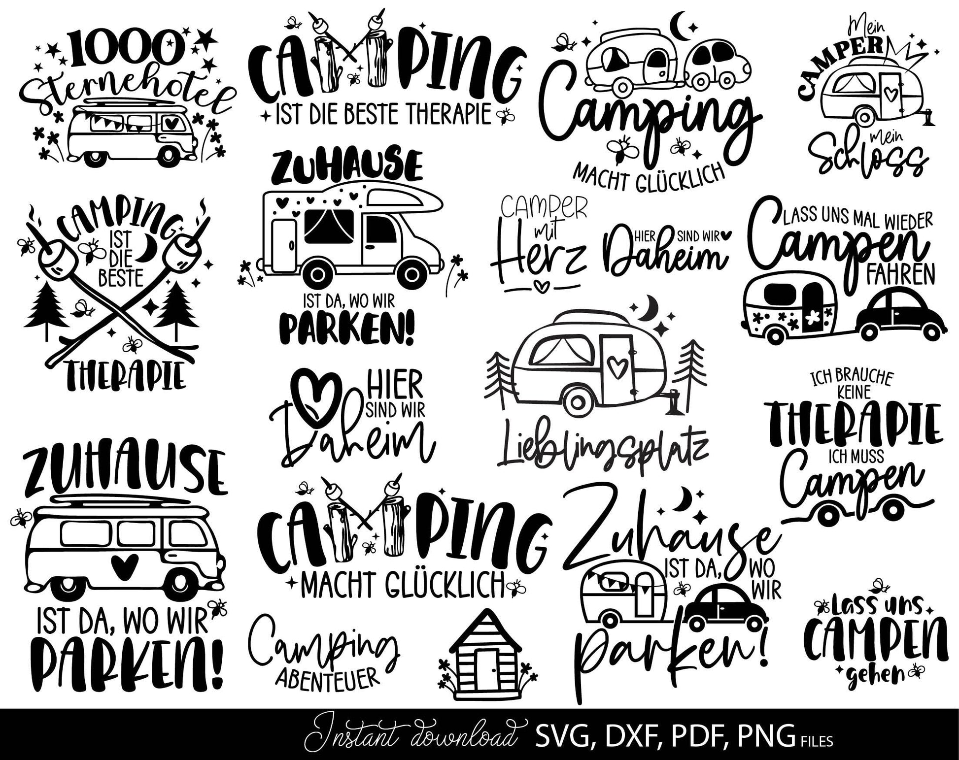 German Campers Plotter file bundle. SVG DXF PDF PNG files included. Compatible with Cricut, Silhouette, sublimation printers or other equipment. Cut from vinyl, use for sublimation or laser cut or grave projects. Buy now for a good price and enjoy!