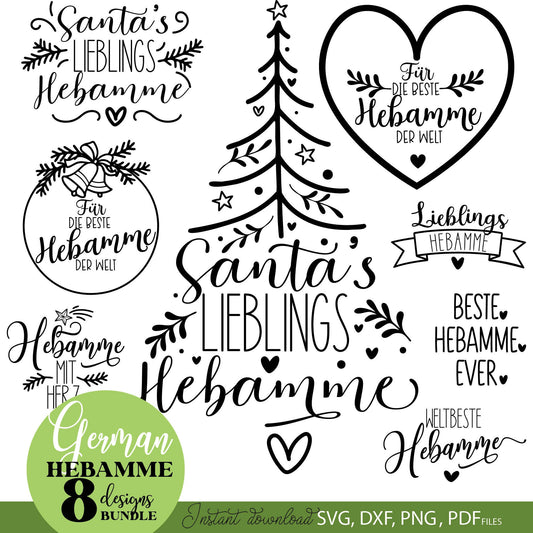 German Hebamme Christmas Plotter File bundle. SVG DXF PDF PNG files included. Compatible with Cricut, Silhouette or other equipment. Cut from vinyl, use for sublimation or laser cut projects as well. Buy now for a good price and enjoy!