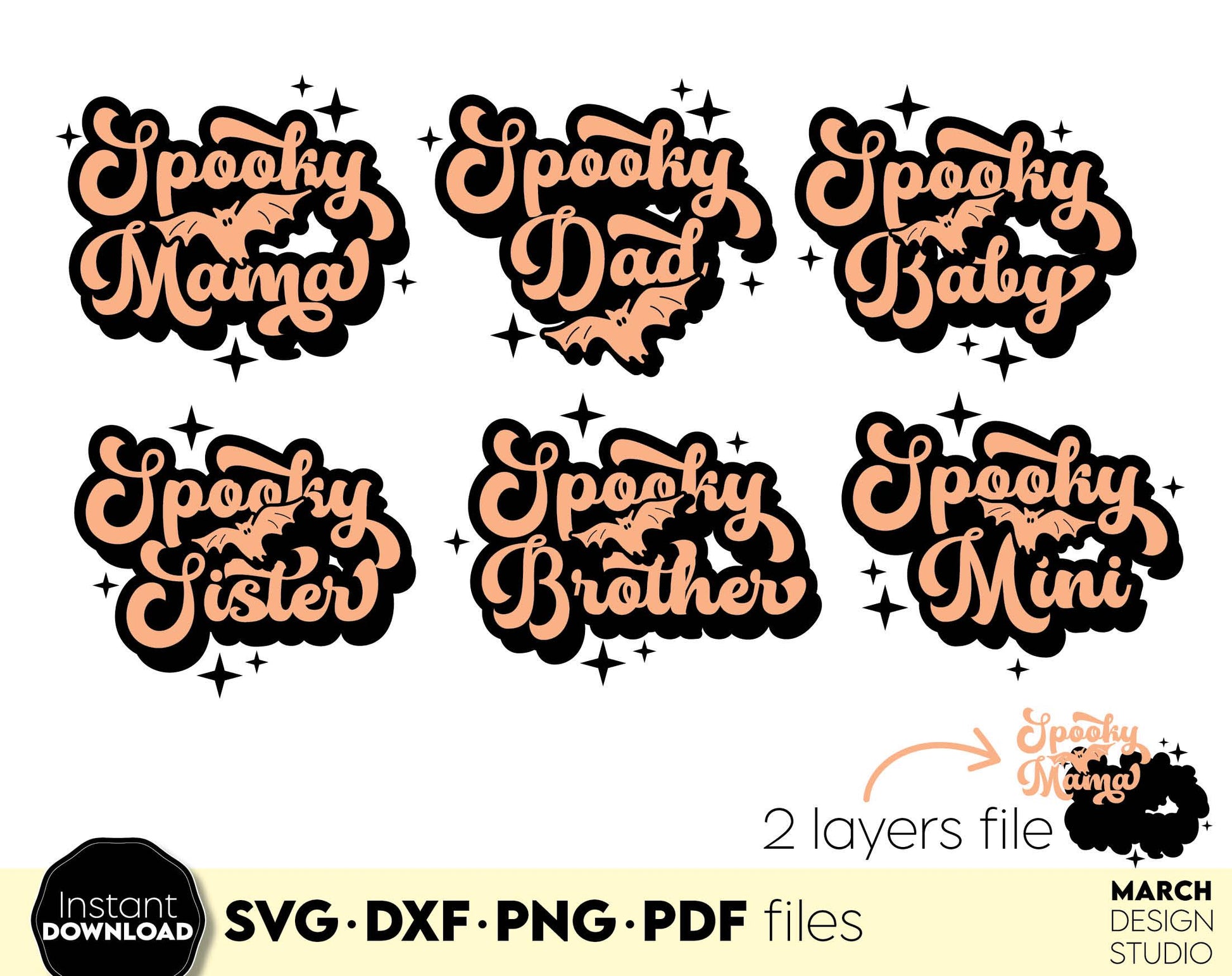 Funny Halloween Family Shirt Designs with Spooky Mama, Spooky Dad, Spooky Sister, Spooky Baby and Spook Brother on it. SVG, PNG, JPG, DXF, PDF files included. Compatible with Cricut, Silhouette. Usable for sublimation or laser cut projects as well.