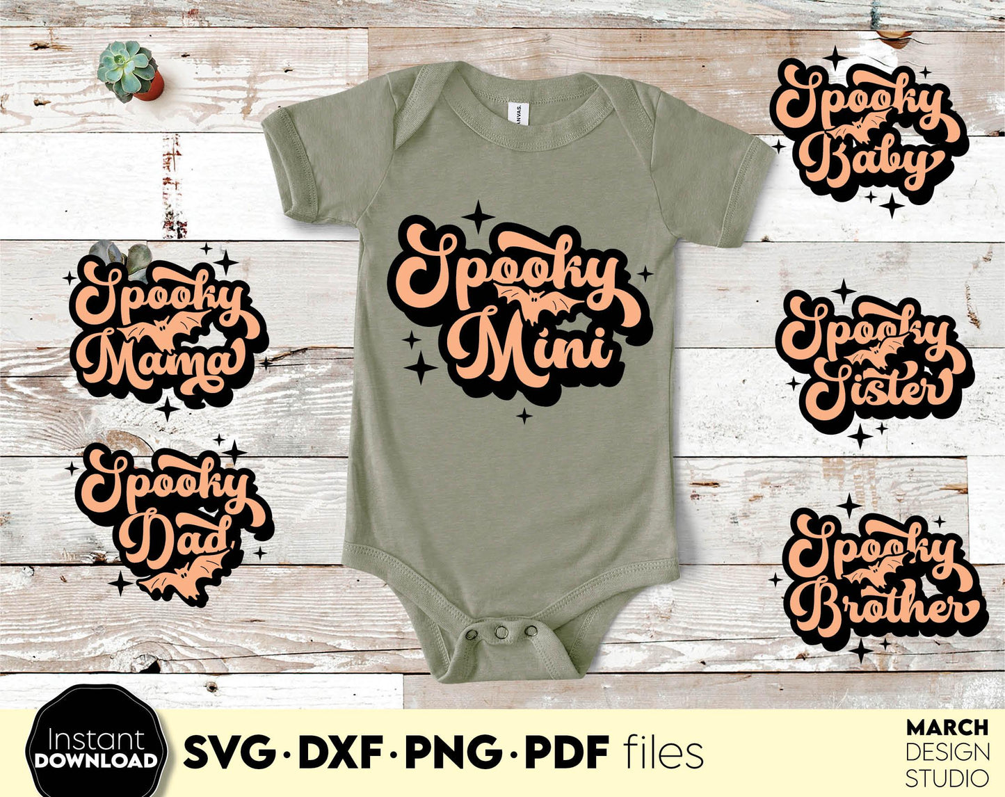 Funny Halloween Family Shirt Designs with Spooky Mama, Spooky Dad, Spooky Sister, Spooky Baby and Spook Brother on it. SVG, PNG, JPG, DXF, PDF files included. Compatible with Cricut, Silhouette. Usable for sublimation or laser cut projects as well.