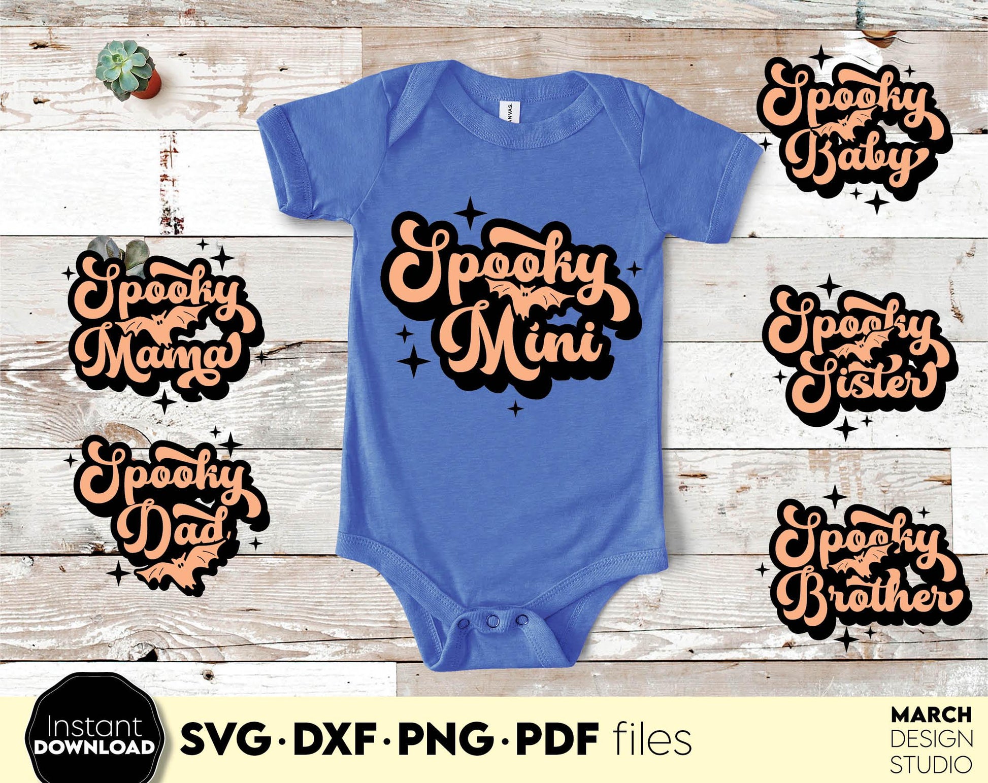 Funny Halloween Family Shirt Designs with Spooky Mama, Spooky Dad, Spooky Sister, Spooky Baby and Spook Brother on it. SVG, PNG, JPG, DXF, PDF files included. Compatible with Cricut, Silhouette. Usable for sublimation or laser cut projects as well.