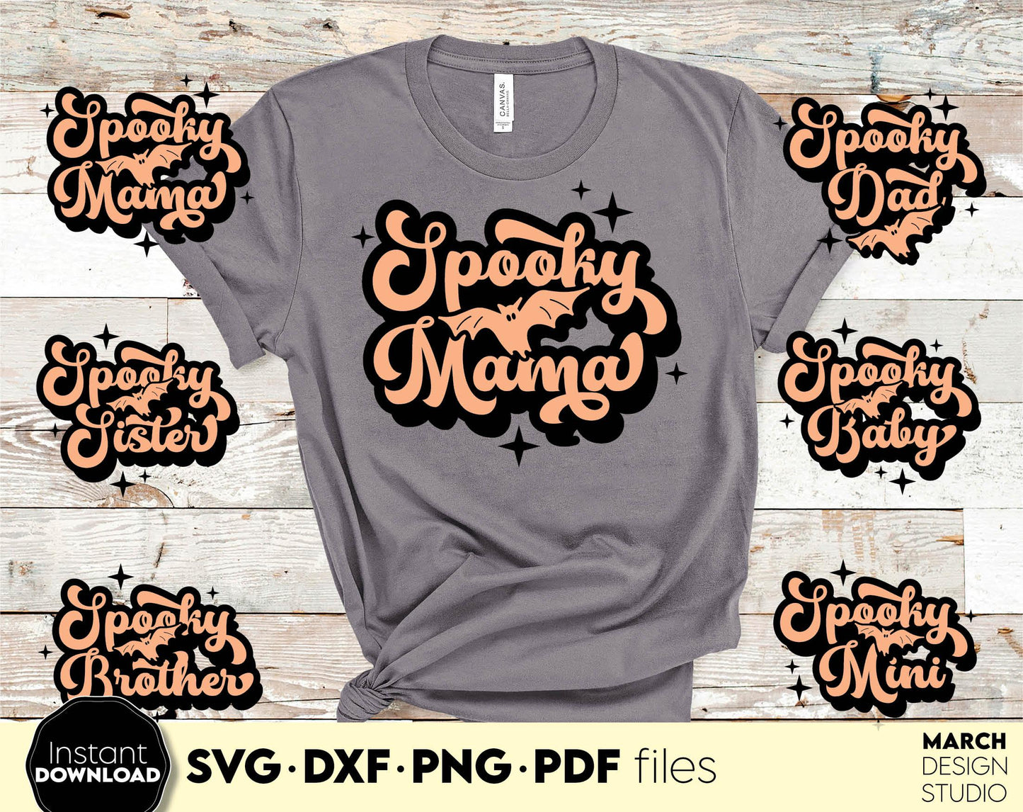 Funny Halloween Family Shirt Designs with Spooky Mama, Spooky Dad, Spooky Sister, Spooky Baby and Spook Brother on it. SVG, PNG, JPG, DXF, PDF files included. Compatible with Cricut, Silhouette. Usable for sublimation or laser cut projects as well.