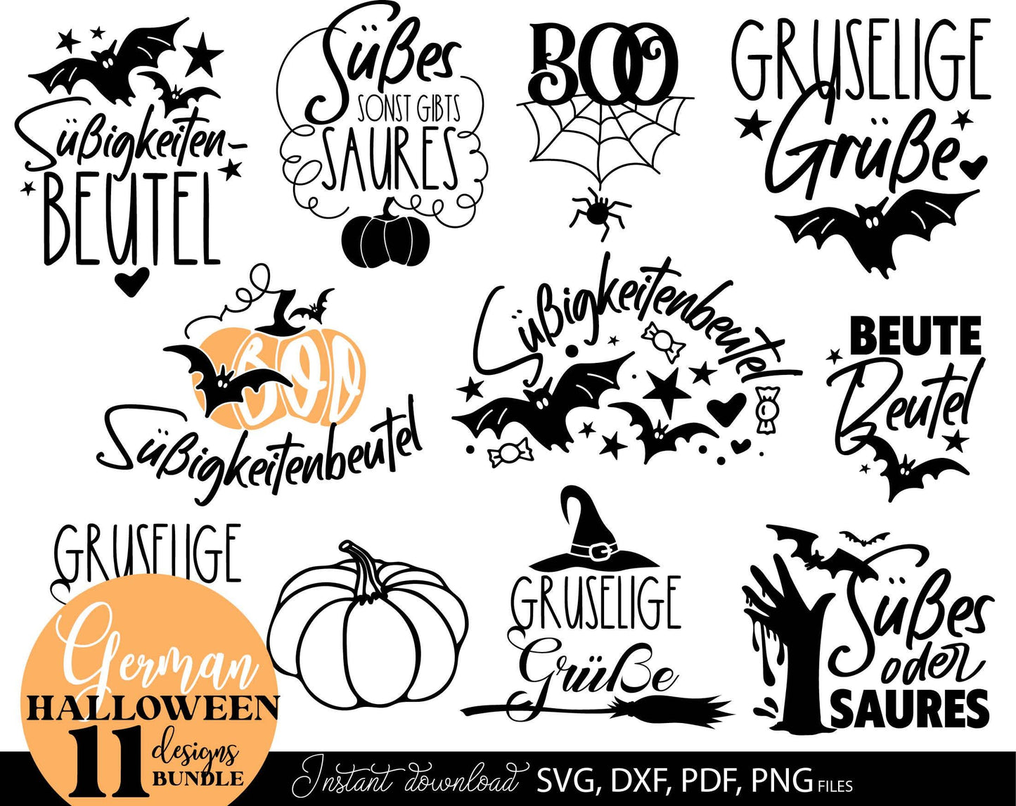 German Halloween quotes plotter files bundle. Use for cutting from vinyl, for sublimation or laser cut projects. SVG, DXF, PNG and PDF files included. Compatible with Cricut, Silhouette or other equipment! Buy now for a good price and enjoy!