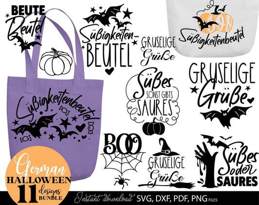 German Halloween quotes plotter files bundle. Use for cutting from vinyl, for sublimation or laser cut projects. SVG, DXF, PNG and PDF files included. Compatible with Cricut, Silhouette or other equipment! Buy now for a good price and enjoy!