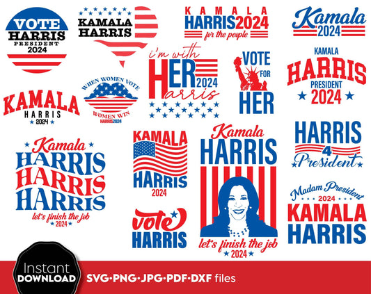 Kamala Harris for president 2024 bundle. SVG JPG DXF PNG PDF files included. Compatible with Cricut, Silhouette or other equipment. Cut from vinyl, use for sublimation or laser cut or grave projects. Buy now for a good price and enjoy!