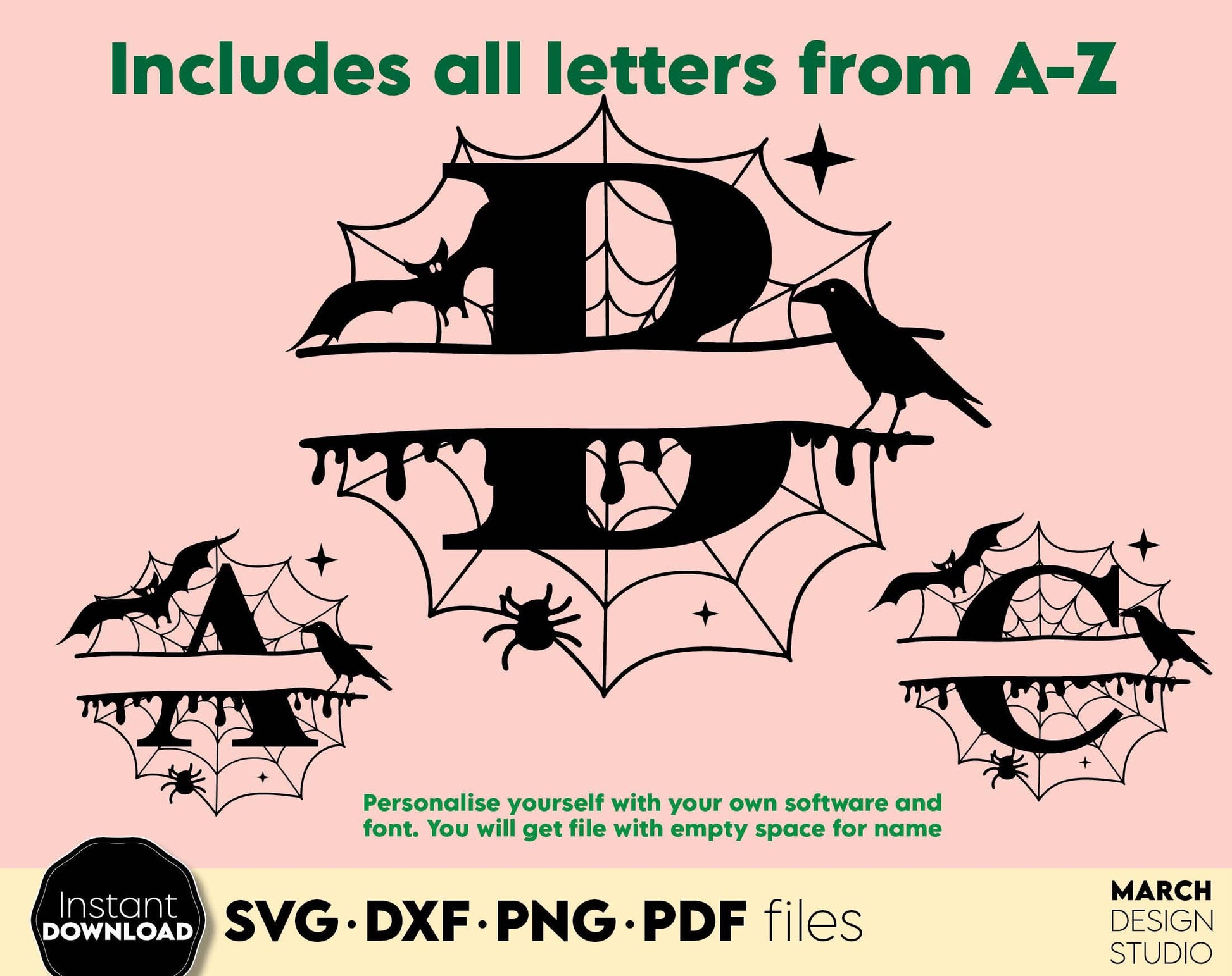 Halloween split letters with cobweb for Your Halloween candy bag of treats. SVG PNG EPS DXF files included. Compatible with Cricut, SIlhouette or other equipment. Cut from vinyl, use for sublimation or laser grave. Buy now for a good price and enjoy!