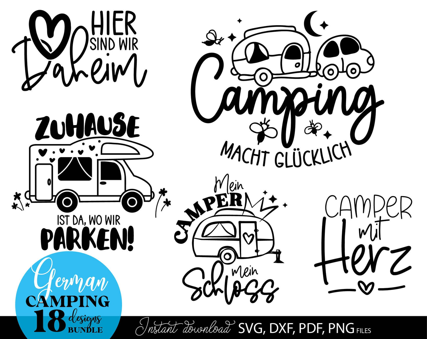 German Campers Plotter file bundle. SVG DXF PDF PNG files included. Compatible with Cricut, Silhouette, sublimation printers or other equipment. Cut from vinyl, use for sublimation or laser cut or grave projects. Buy now for a good price and enjoy!