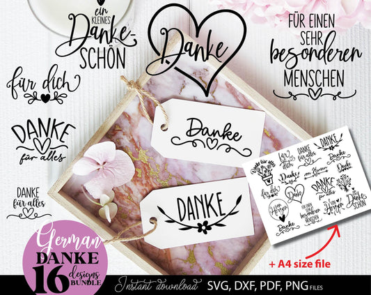 Danke schon and Danke fur alles plotterdatei bundle. SVG DXF PDF PNG files included. Compatible with Cricut, Silhouette or other equipment. Cut from vinyl, use for sublimation, laser cut or wassersciebefoil. Buy now for a good price and enjoy!