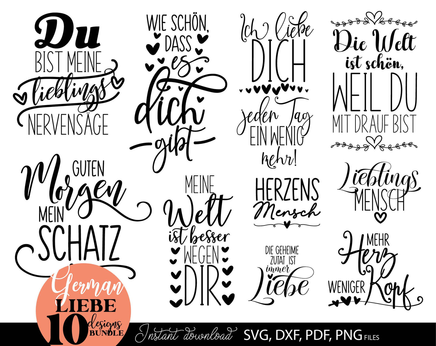 German Liebe Quotes Plotter File SVG PNG DXF EPS included. Use for cutting from vinyl, sublimation or laser cut projects. Compatible with Cricut, Silhouette or Glowforge equipment. Buy now for a good price and enjoy!