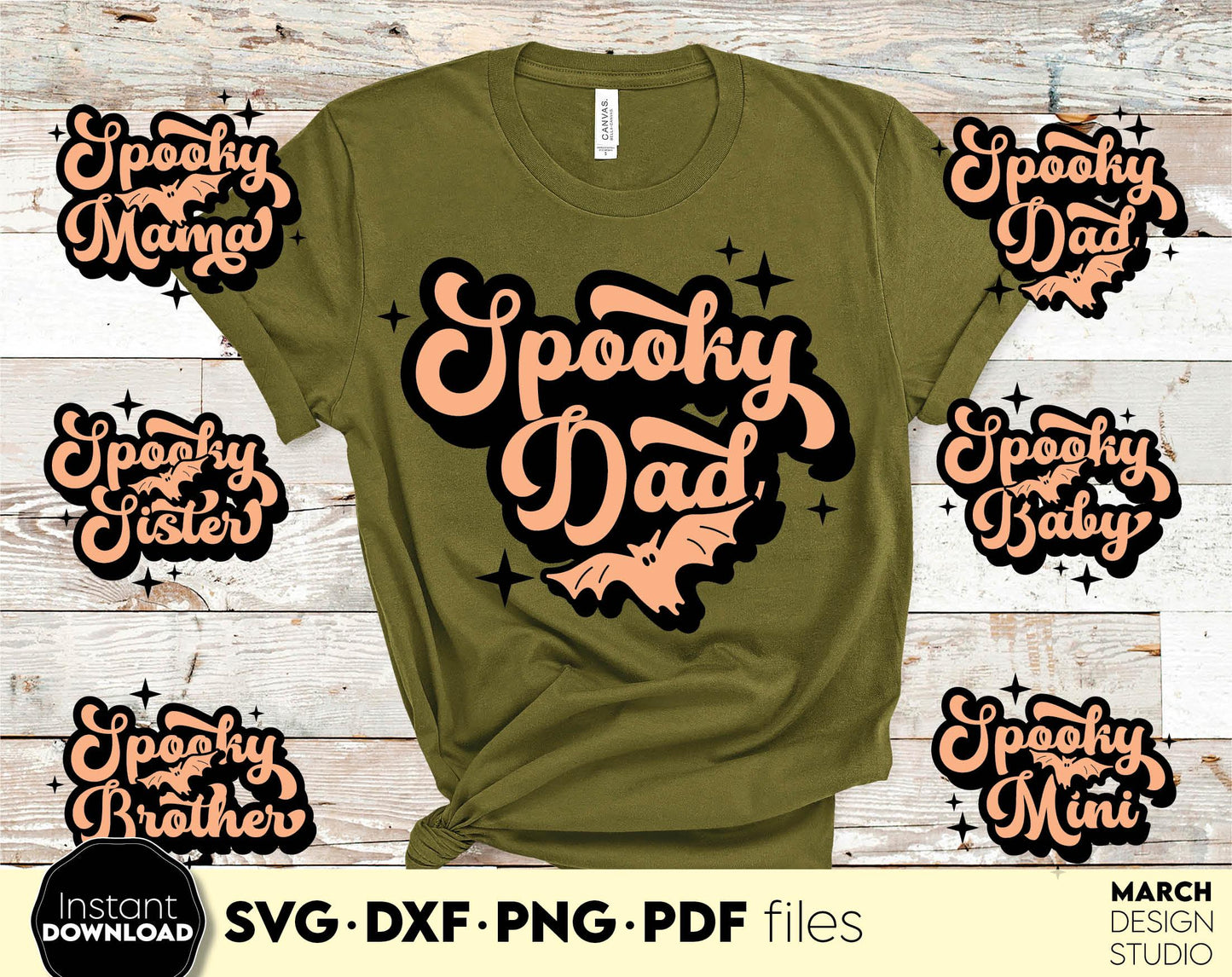 Funny Halloween Family Shirt Designs with Spooky Mama, Spooky Dad, Spooky Sister, Spooky Baby and Spook Brother on it. SVG, PNG, JPG, DXF, PDF files included. Compatible with Cricut, Silhouette. Usable for sublimation or laser cut projects as well.