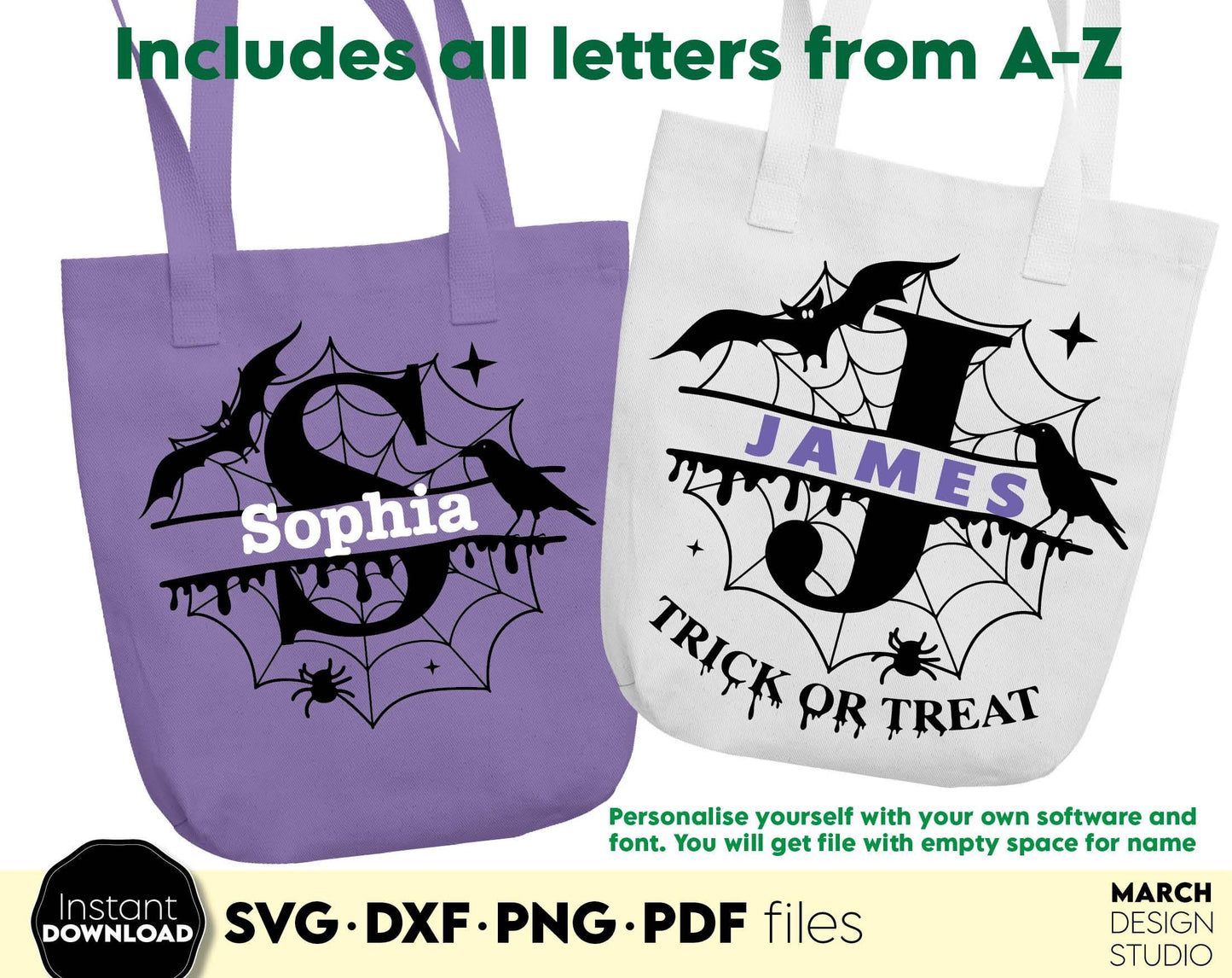 Halloween split letters with cobweb for Your Halloween candy bag of treats. SVG PNG EPS DXF files included. Compatible with Cricut, SIlhouette or other equipment. Cut from vinyl, use for sublimation or laser grave. Buy now for a good price and enjoy!