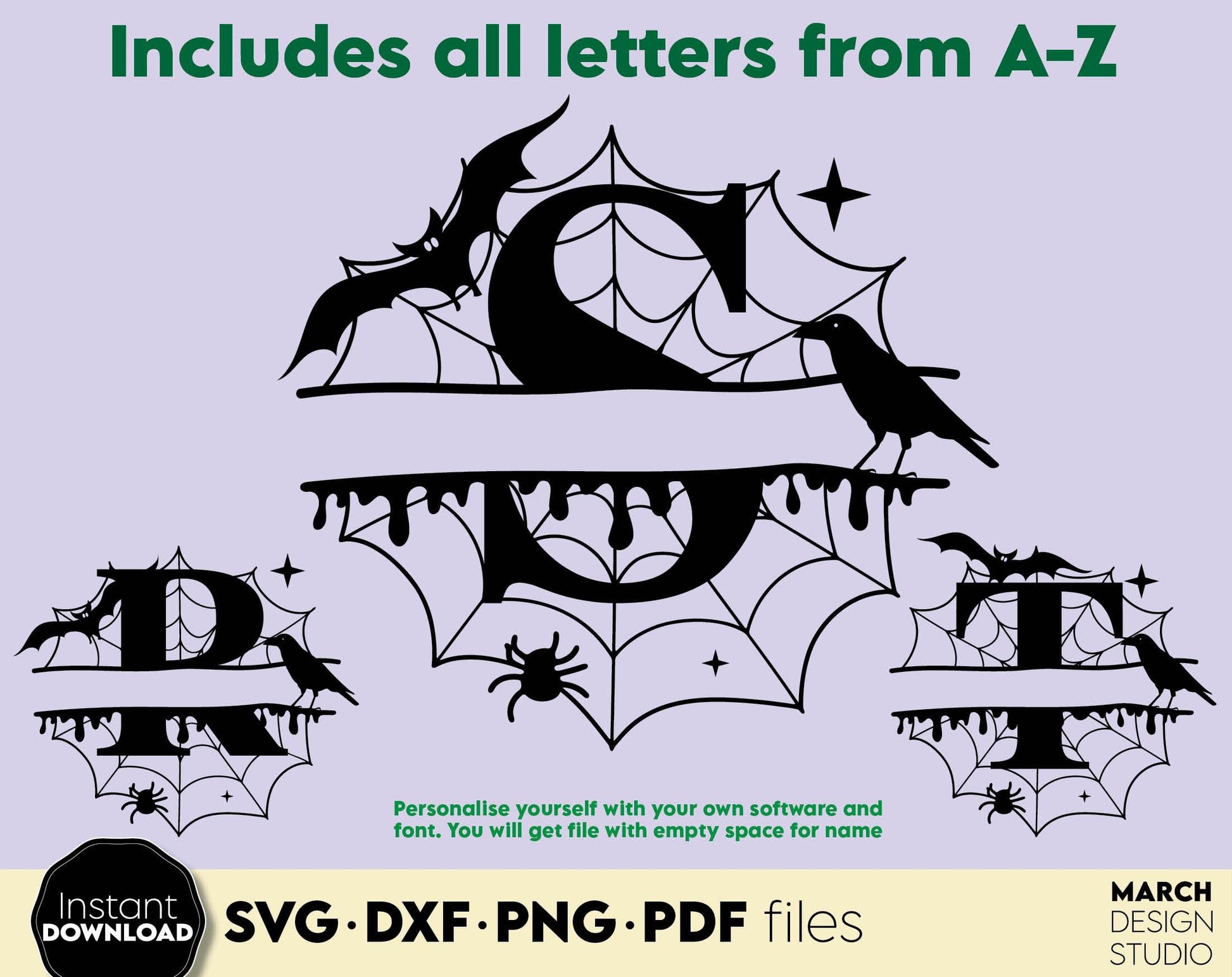 Halloween split letters with cobweb for Your Halloween candy bag of treats. SVG PNG EPS DXF files included. Compatible with Cricut, SIlhouette or other equipment. Cut from vinyl, use for sublimation or laser grave. Buy now for a good price and enjoy!