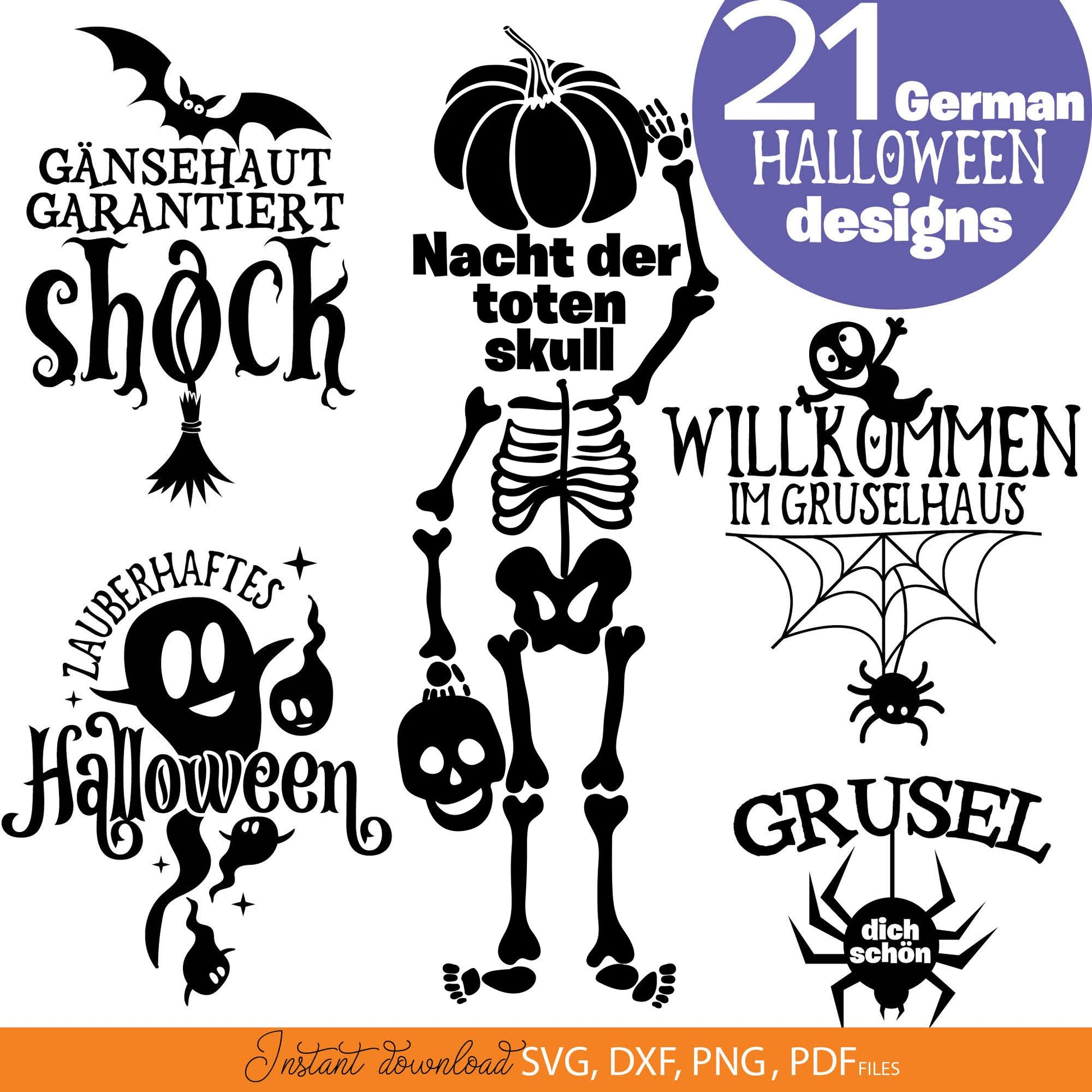 German Halloween quotes plotter files bundle. Use for cutting from vinyl, for sublimation or laser cut projects. SVG, DXF, PNG and PDF files included. Compatible with Cricut, Silhouette or other equipment! Buy now for a good price and enjoy!