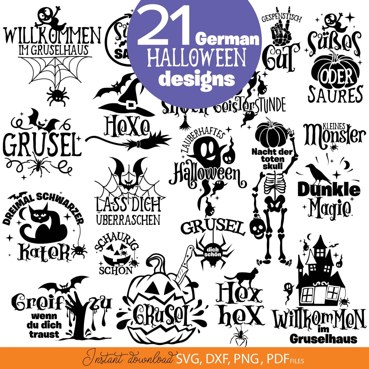 German Halloween quotes plotter files bundle. Use for cutting from vinyl, for sublimation or laser cut projects. SVG, DXF, PNG and PDF files included. Compatible with Cricut, Silhouette or other equipment! Buy now for a good price and enjoy!