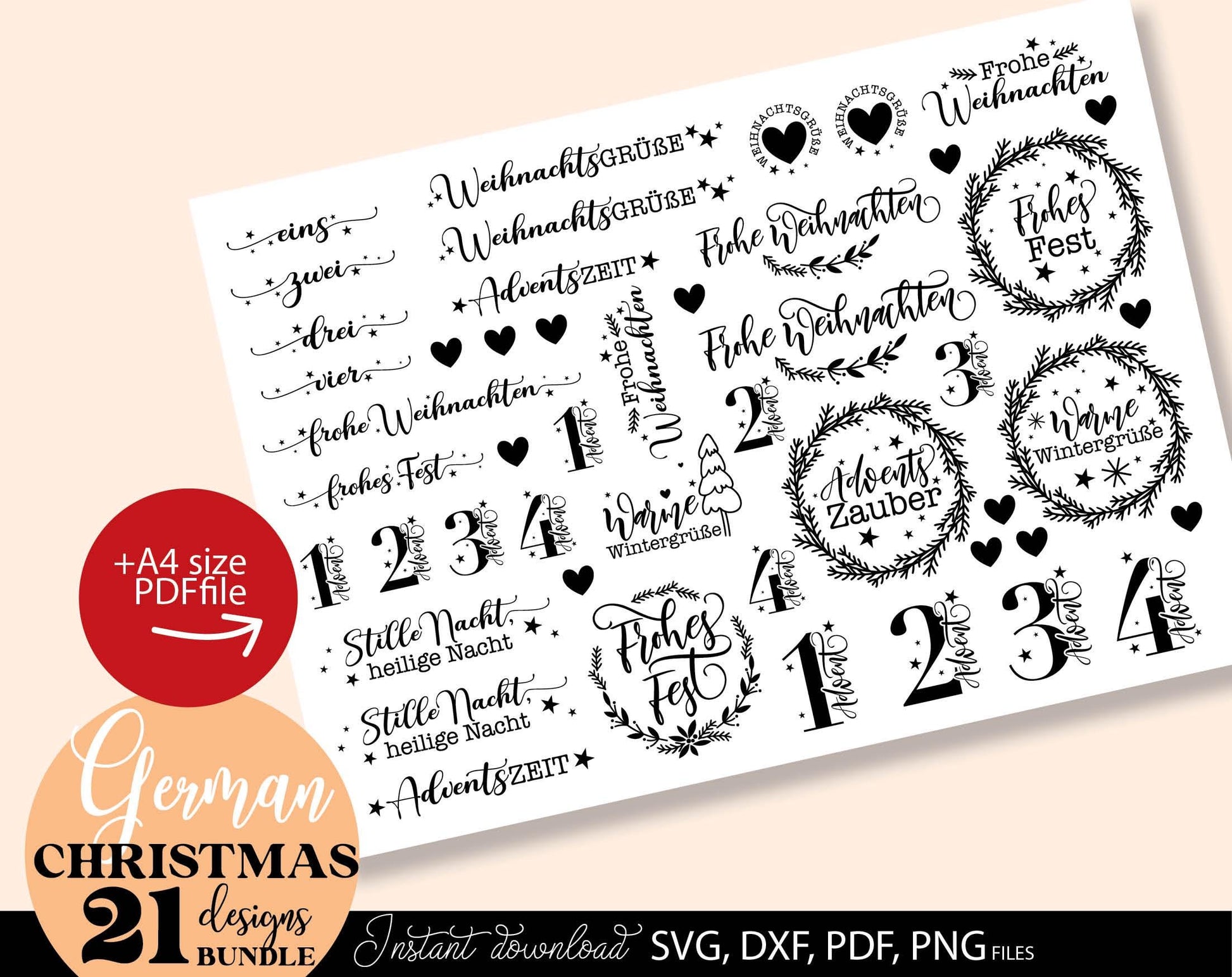 Bundle German Words Christmas SVG Plotter File Candle Texts Christmas Candle Design. Use with water slide paper. With Cricut, Silhouette or Glowforge as well. 22 German Christmas sayings included. SVG, DXF, EPS and PNG files included. Buy and enjoy!