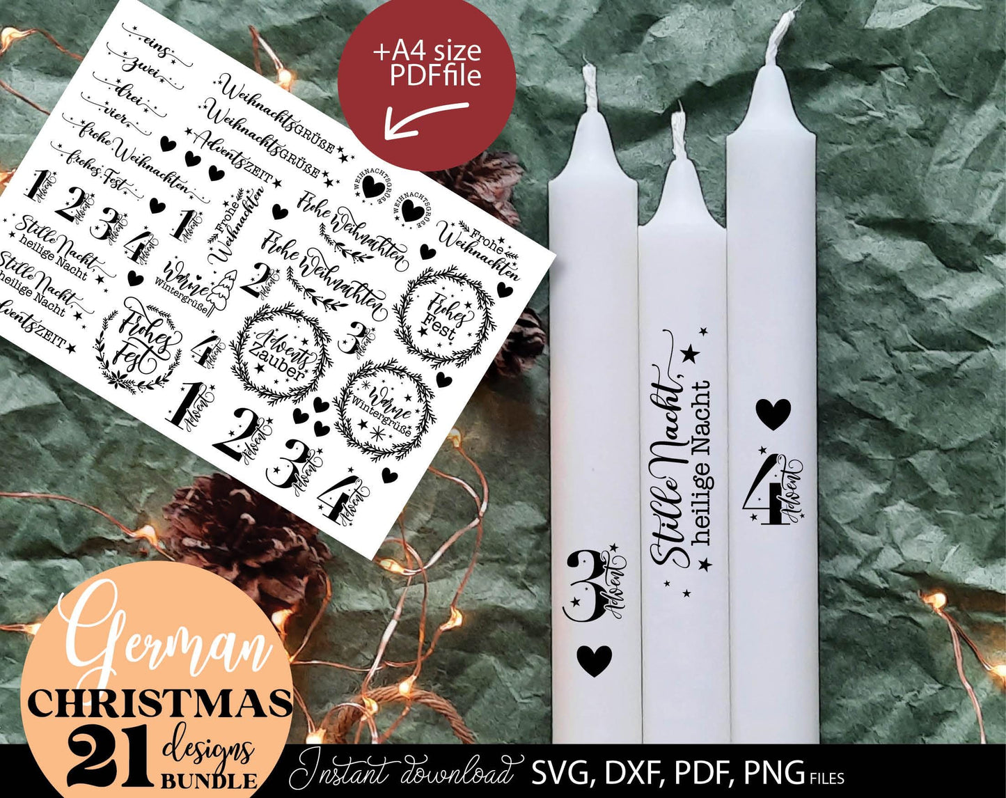 Bundle German Words Christmas SVG Plotter File Candle Texts Christmas Candle Design. Use with water slide paper. With Cricut, Silhouette or Glowforge as well. 22 German Christmas sayings included. SVG, DXF, EPS and PNG files included. Buy and enjoy!