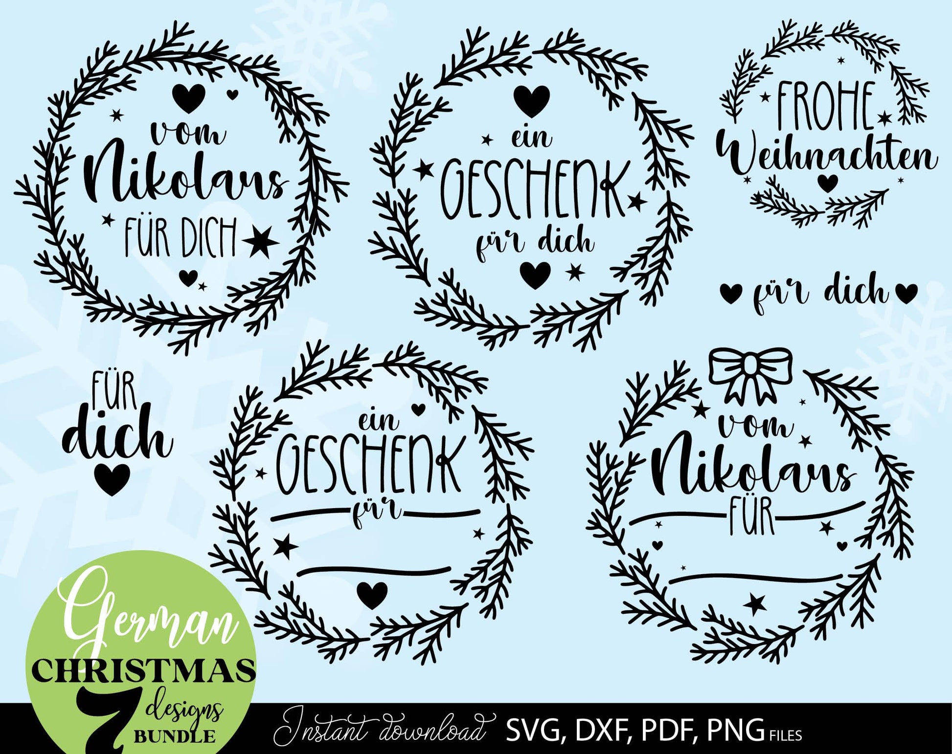 German Frohe Weihnachten plotter file svg png dxf designs bundle for You Christmas evening ornaments. Use for cutting from vinyl, sublimation or laser cut projects.
Buy now and enjoy!