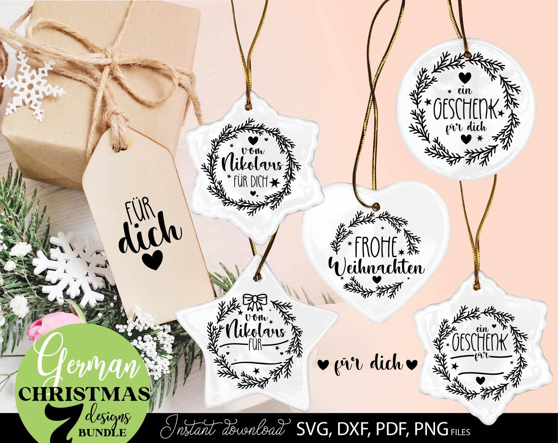 German Frohe Weihnachten plotter file svg png dxf designs bundle for You Christmas evening ornaments. Use for cutting from vinyl, sublimation or laser cut projects.
Buy now and enjoy!