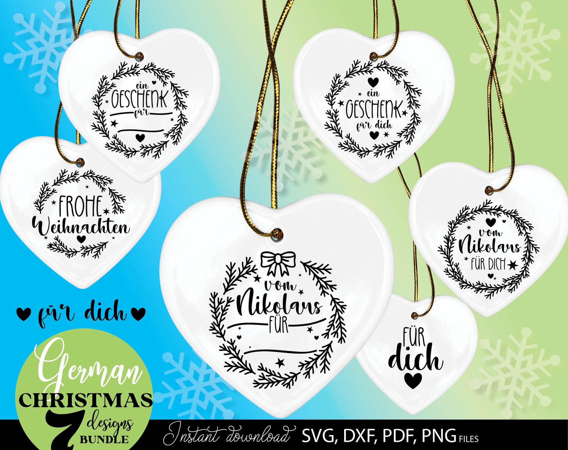 German Frohe Weihnachten plotter file svg png dxf designs bundle for You Christmas evening ornaments. Use for cutting from vinyl, sublimation or laser cut projects.
Buy now and enjoy!