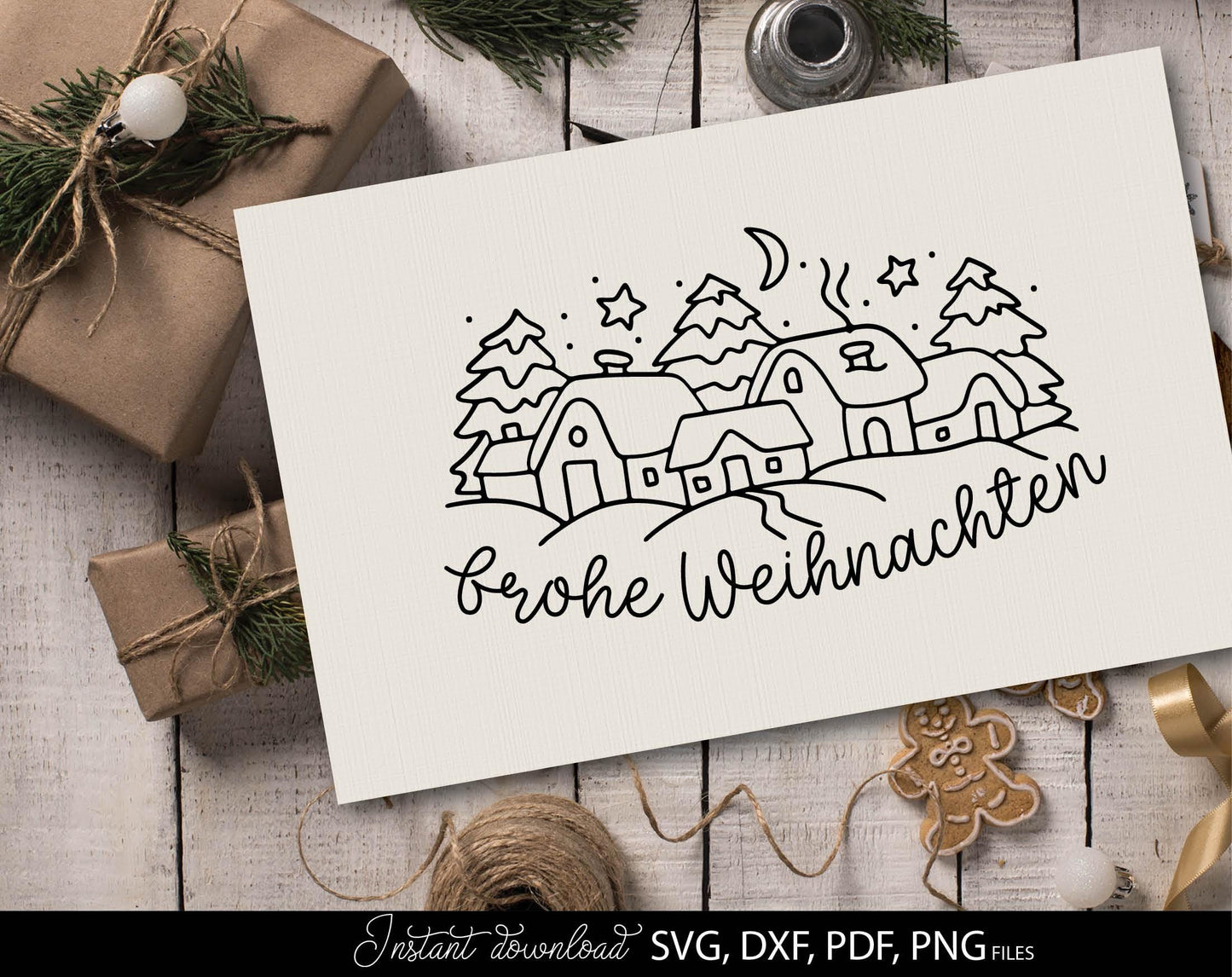 Christmas window picture houses winter decoration. SVG DXF PDF PNG files included. Compatible with Cricut, Silhouette or other equipment. Use for cutting from vinyl, sublimation or laser cut or grave projects. Buy now for a good price and enjoy!