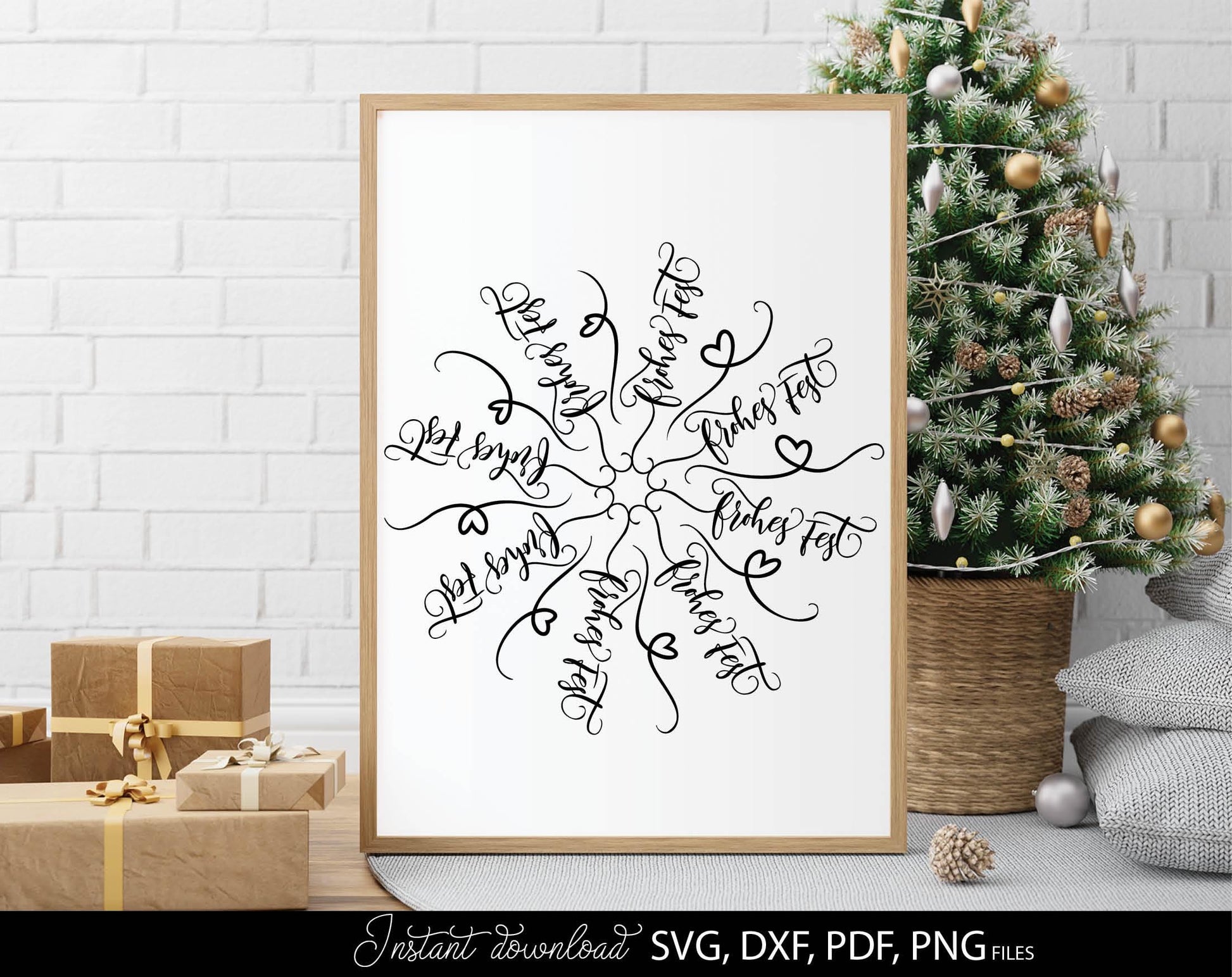 Frohe Weihnachten snowflake for Your Christmas window decor. SVG DXF PDF PNG files included. Compatible with Cricut, Silhouette or other equipment. Cut from vinyl, use for sublimation or laser cut or grave projects. Buy now for a good price and enjoy